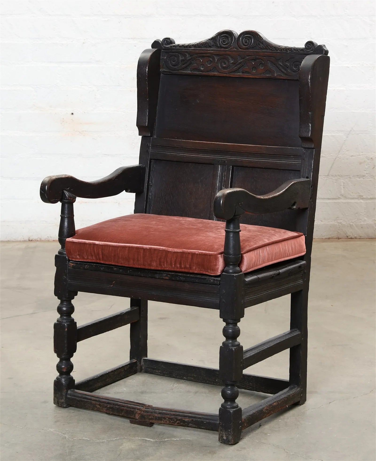 AF2-407: ANTIQUE MID 17TH C CHARLES II CARVED OAK WAINSCOT ARMCHAIR