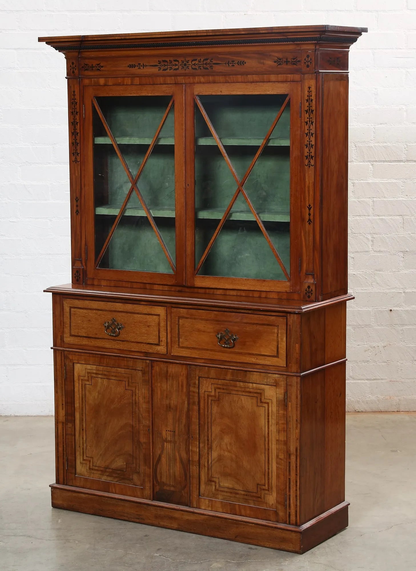 AF3-012: Antique Early 19th Century English Regency Mahogany Inlaid Step Back Cupboard