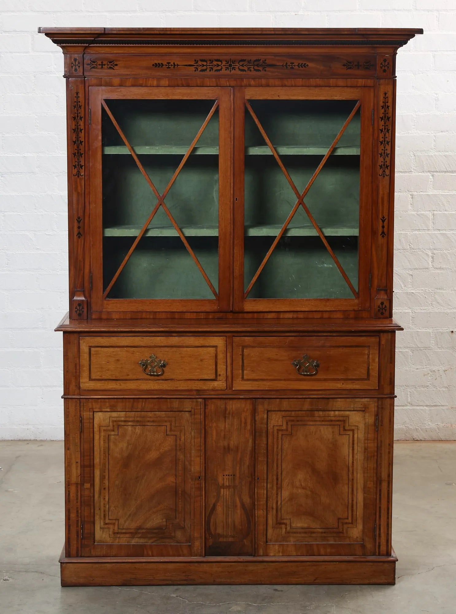 AF3-012: Antique Early 19th Century English Regency Mahogany Inlaid Step Back Cupboard