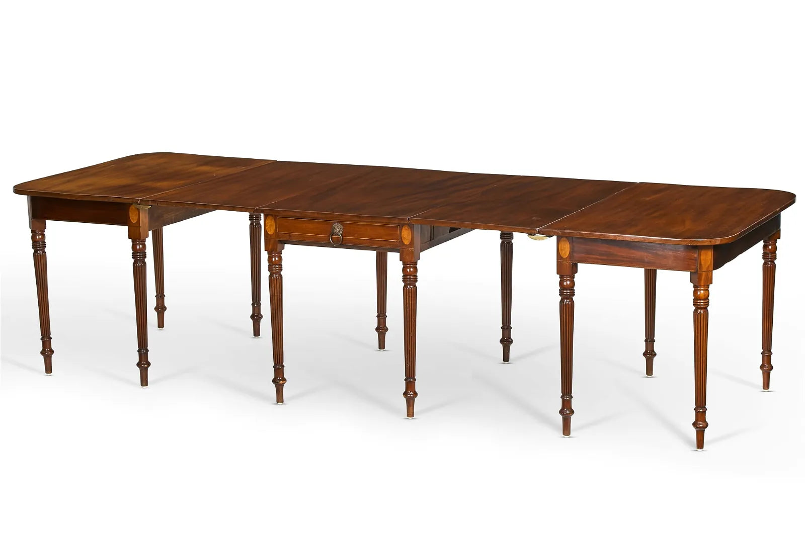 AF1-028: ANTIQUE EARLY 19TH CENTURY AMERICAN SHERATON INLAY MAHOGANY BANQUET DINING TABLE