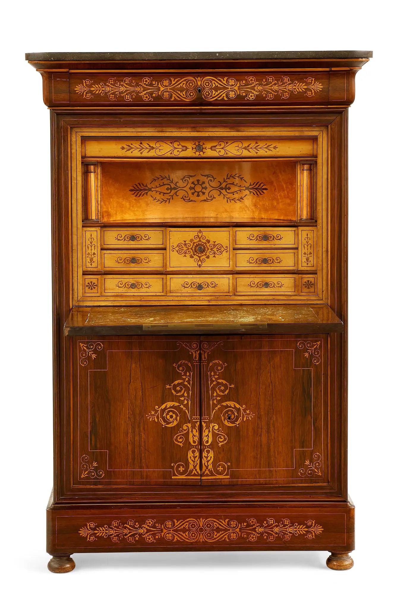 AF5-003: Antique Early 19th Century French Charles X Inlaid Hardwood & Marquetry Secretaire Abattant