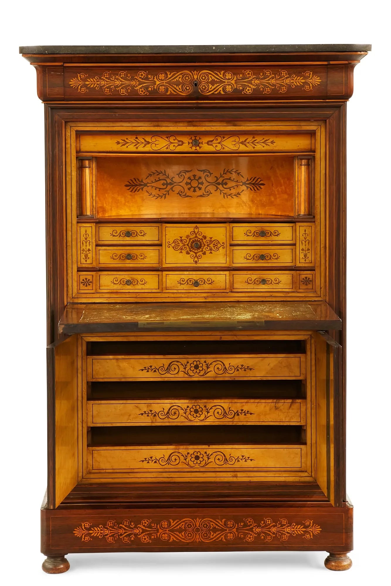 AF5-003: Antique Early 19th Century French Charles X Inlaid Hardwood & Marquetry Secretaire Abattant