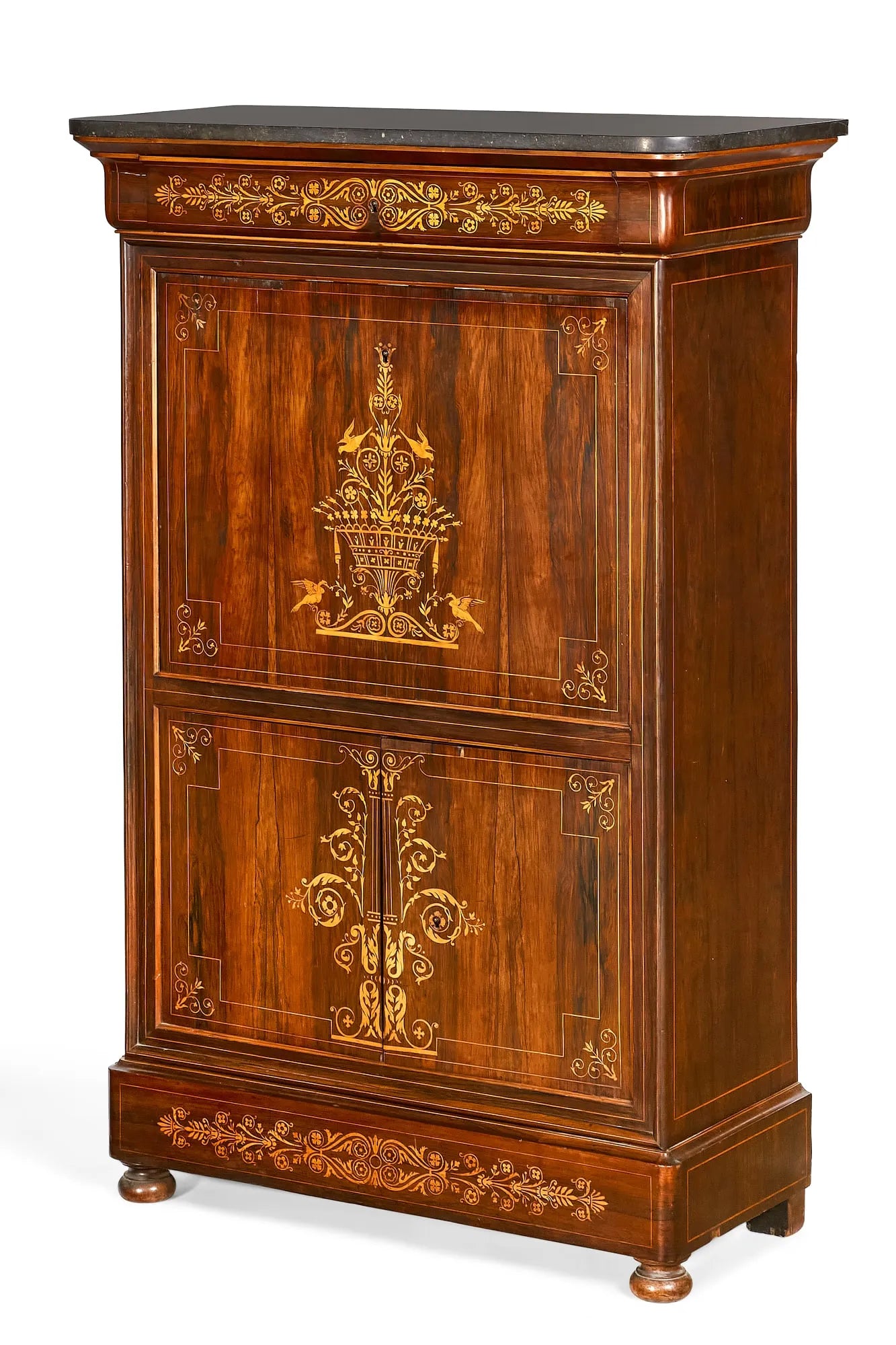 AF5-003: Antique Early 19th Century French Charles X Inlaid Hardwood & Marquetry Secretaire Abattant