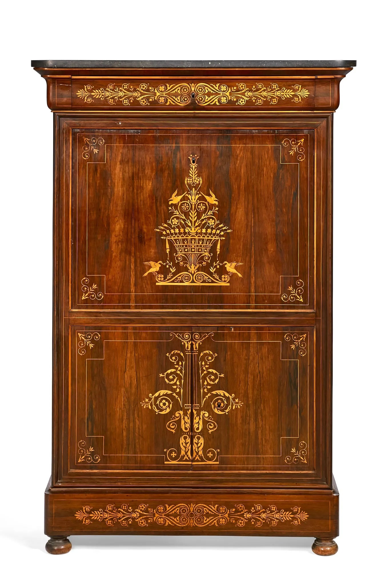 AF5-003: Antique Early 19th Century French Charles X Inlaid Hardwood & Marquetry Secretaire Abattant