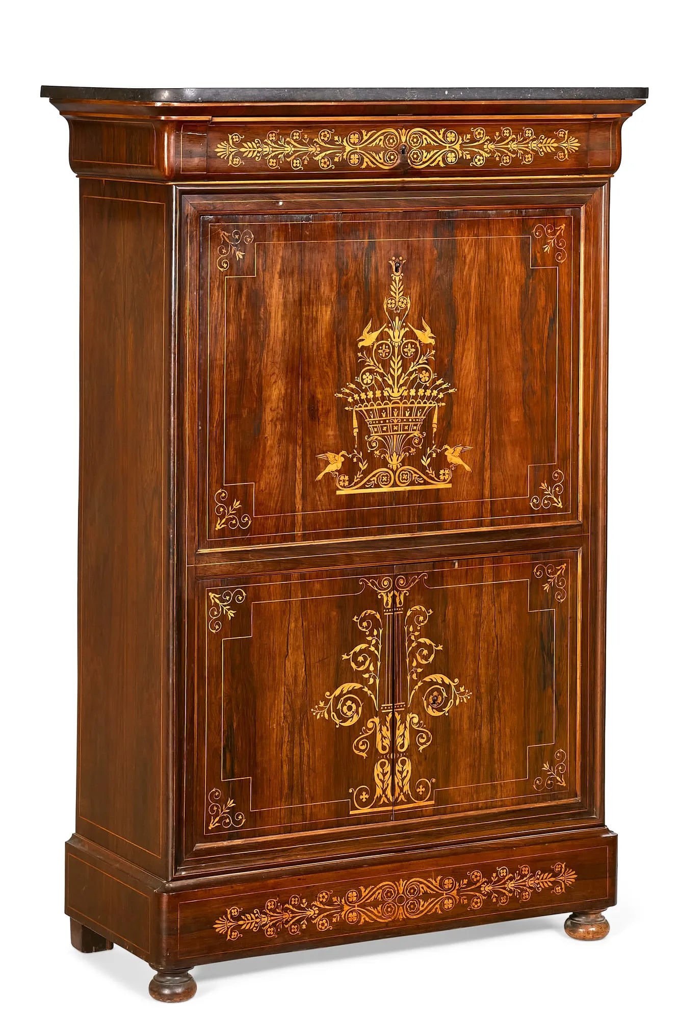 AF5-003: Antique Early 19th Century French Charles X Inlaid Hardwood & Marquetry Secretaire Abattant