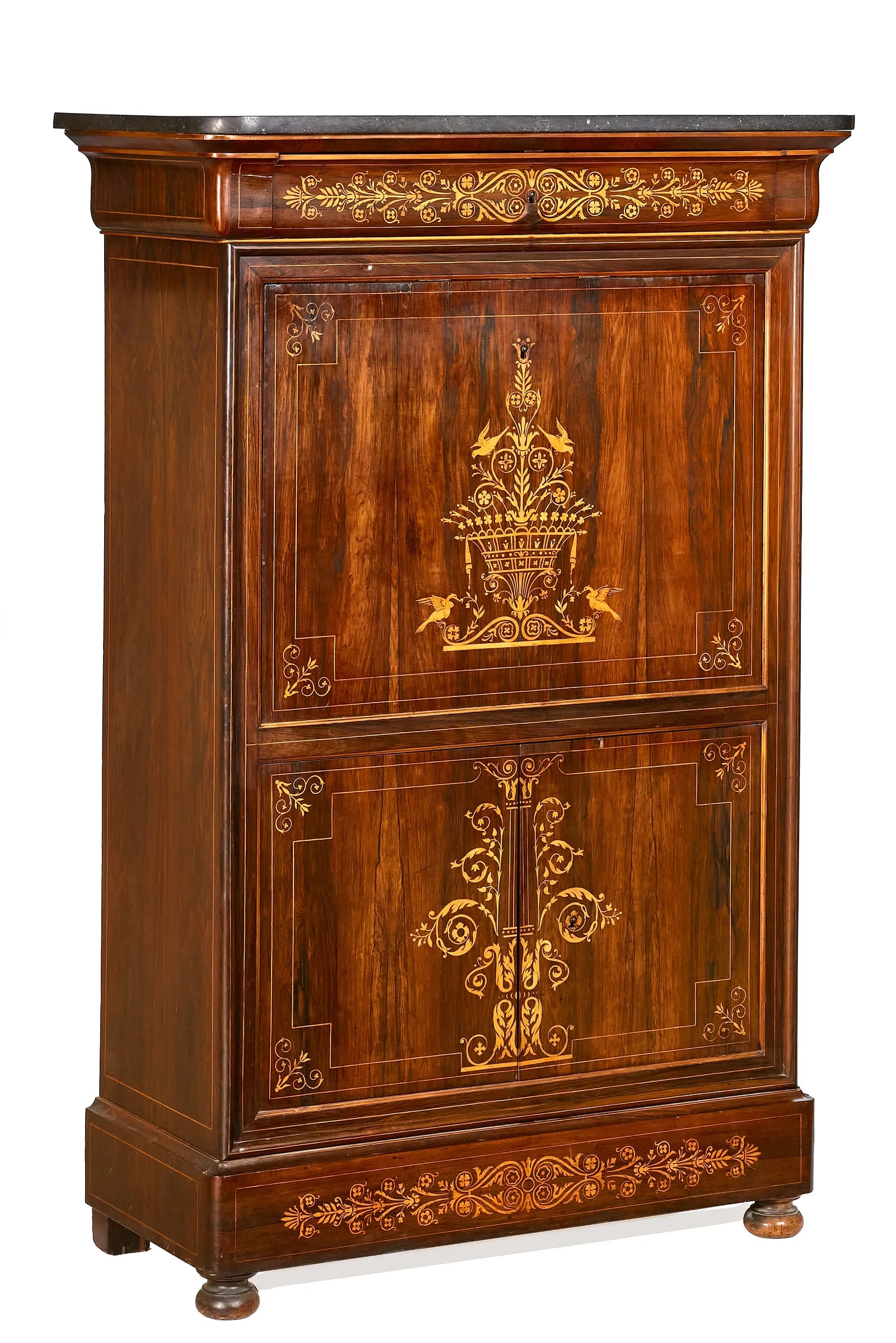 AF5-003: Antique Early 19th Century French Charles X Inlaid Hardwood & Marquetry Secretaire Abattant