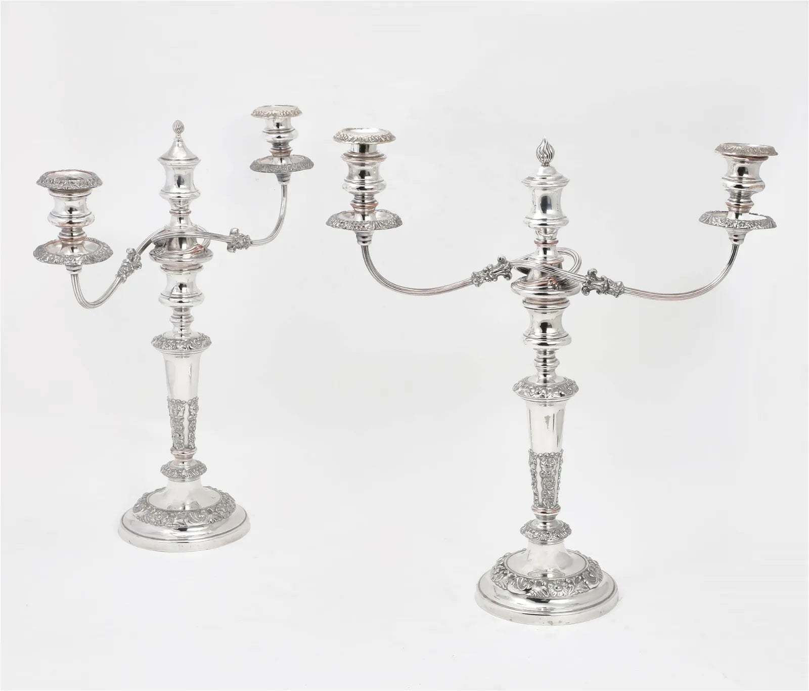 DA2-022: PAIR OF LATE 19TH CENTURY ENGLISH SILVER PLATE CONVERTIBLE THREE LIGHT CANDLEABRA