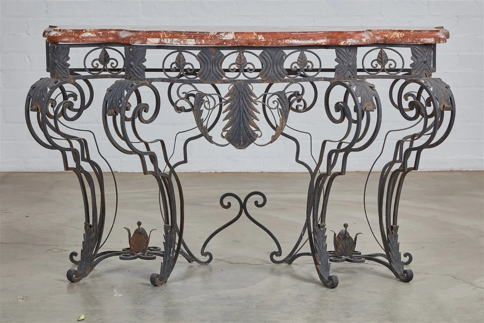 AF1-397:  ANTIQUE LATE 19TH CENTURY FRENCH LOUIS XIV STYLE WROUGHT IRON CONSOLE W/ ROUGE MARBLE TOP