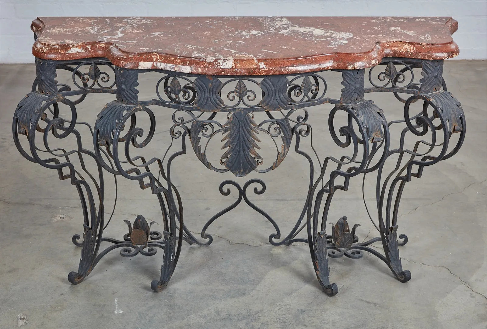 AF1-397:  ANTIQUE LATE 19TH CENTURY FRENCH LOUIS XIV STYLE WROUGHT IRON CONSOLE W/ ROUGE MARBLE TOP