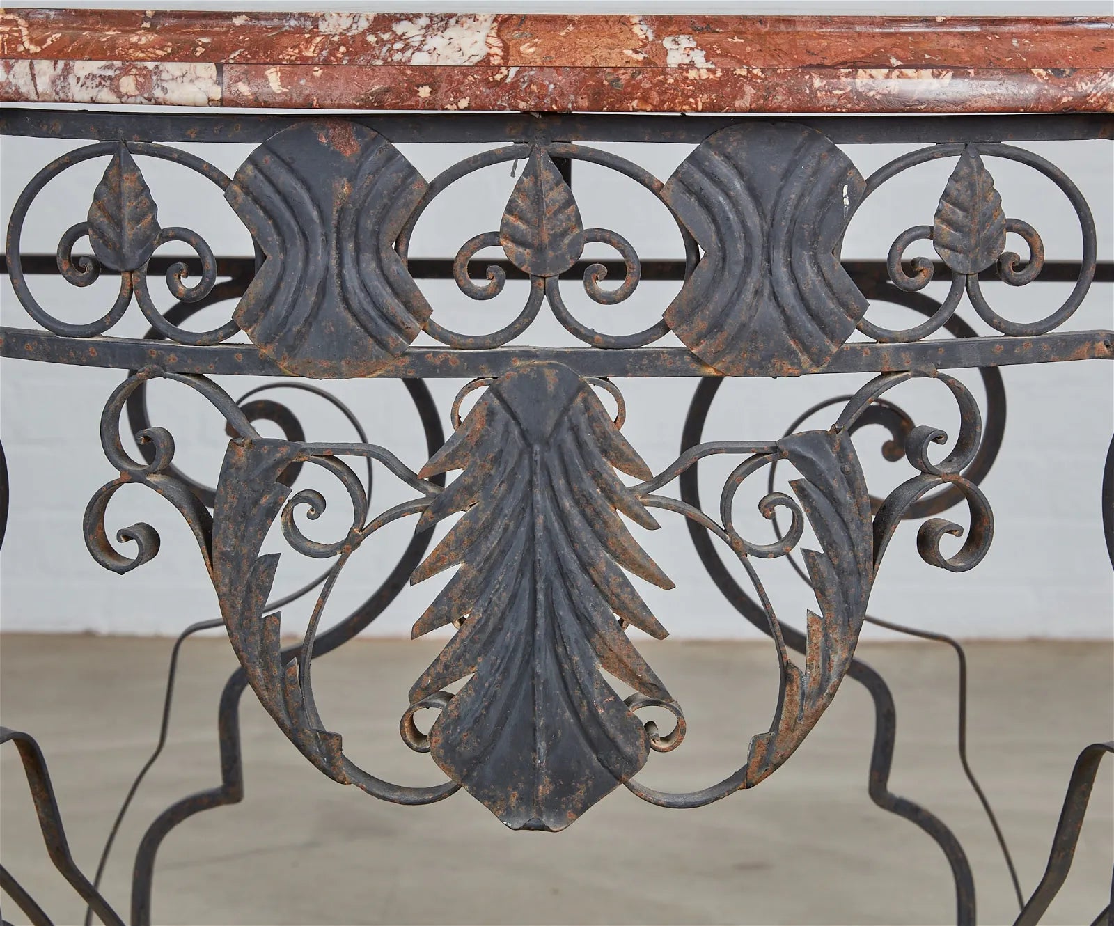 AF1-397:  Pair of Antique Late 19th Century French Louis XIV Wrought Iron Consoles With Rouge Marble Tops