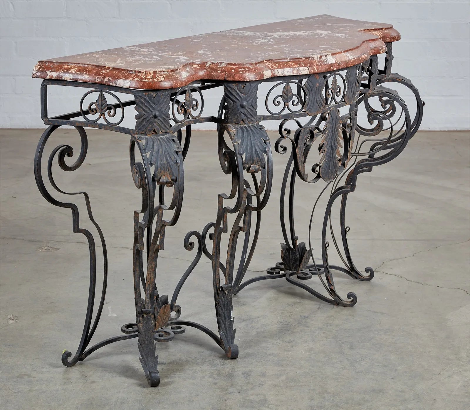 AF1-397:  ANTIQUE LATE 19TH CENTURY FRENCH LOUIS XIV STYLE WROUGHT IRON CONSOLE W/ ROUGE MARBLE TOP