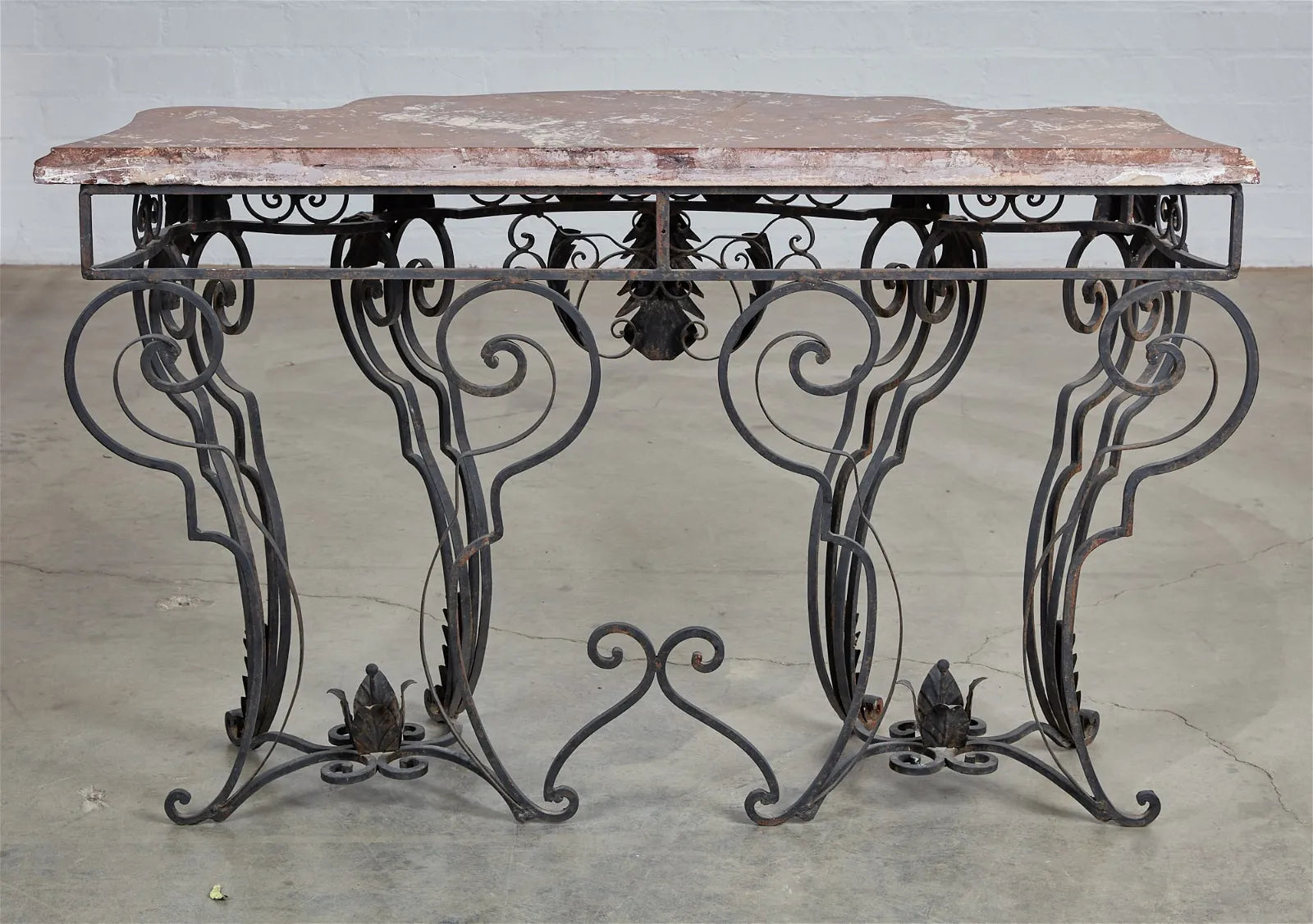 AF1-397:  Pair of Antique Late 19th Century French Louis XIV Wrought Iron Consoles With Rouge Marble Tops