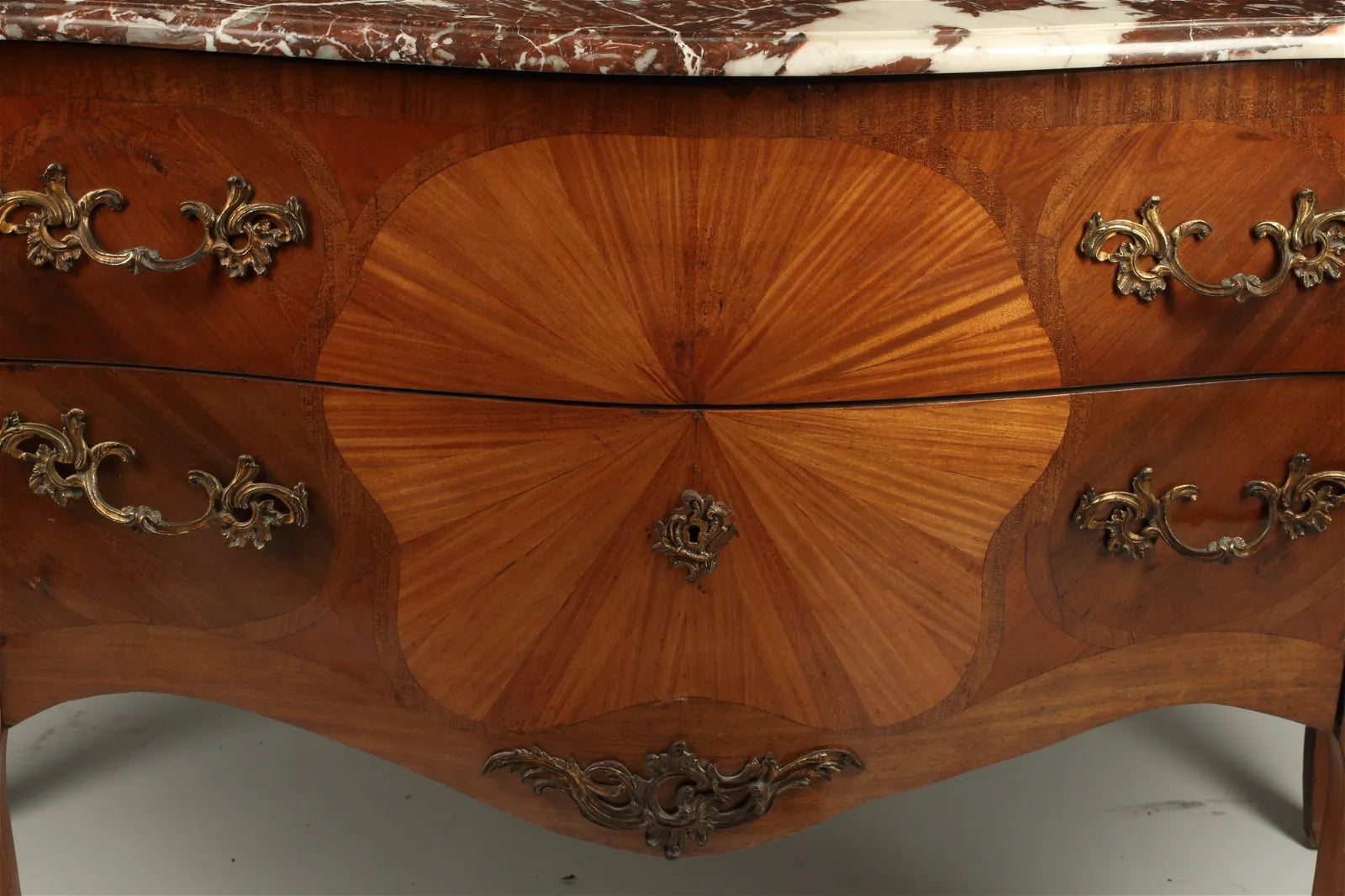 AF4-003: Antique Late 19th Century French Louis XV Style Inlaid Satinwood & Mahogany Marquetry Commode