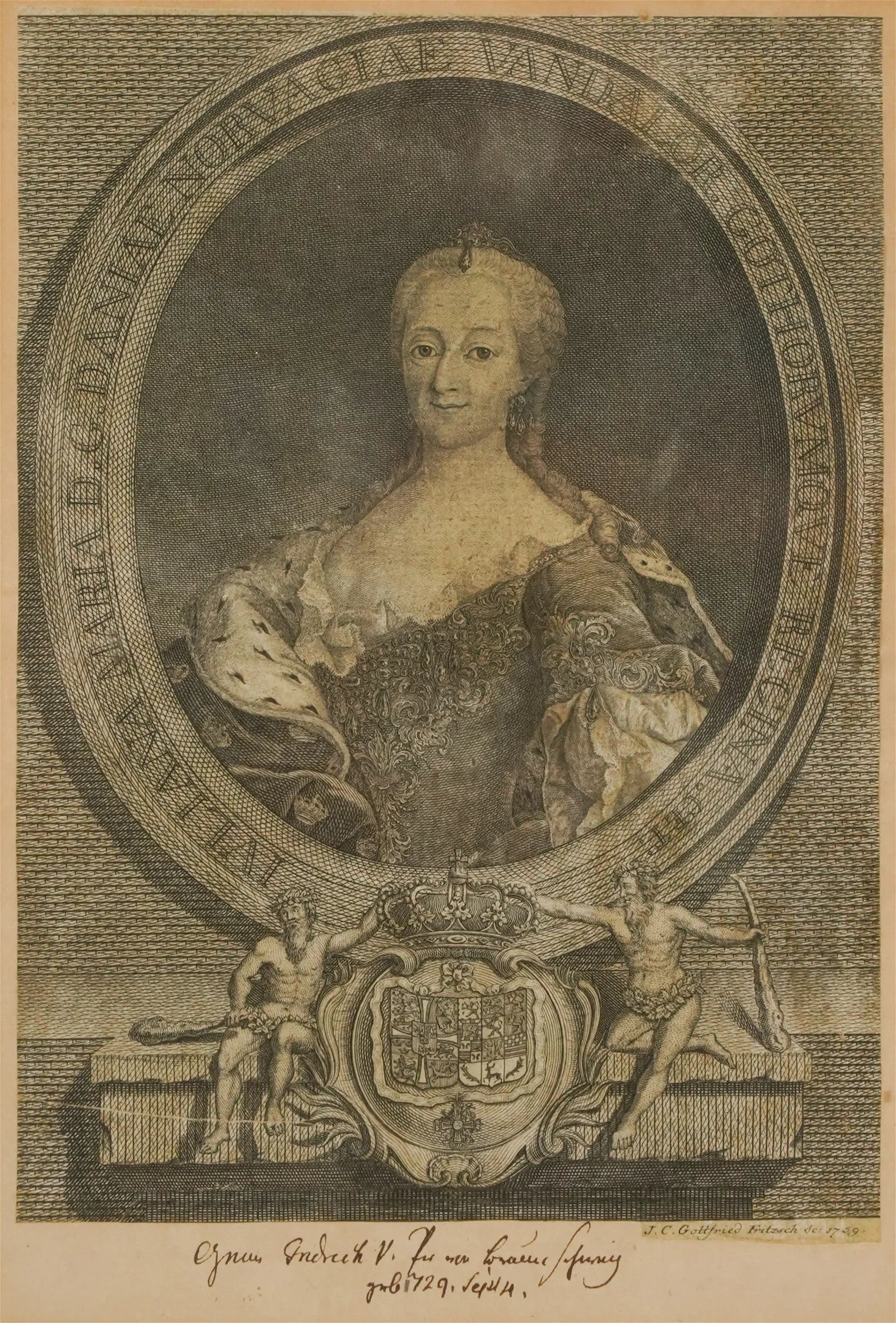 AW7-026: Mid 18th Century Etching of Juliana Maria, Queen of Denmark (1752 - 1766) by Johann Christian Fritzsch