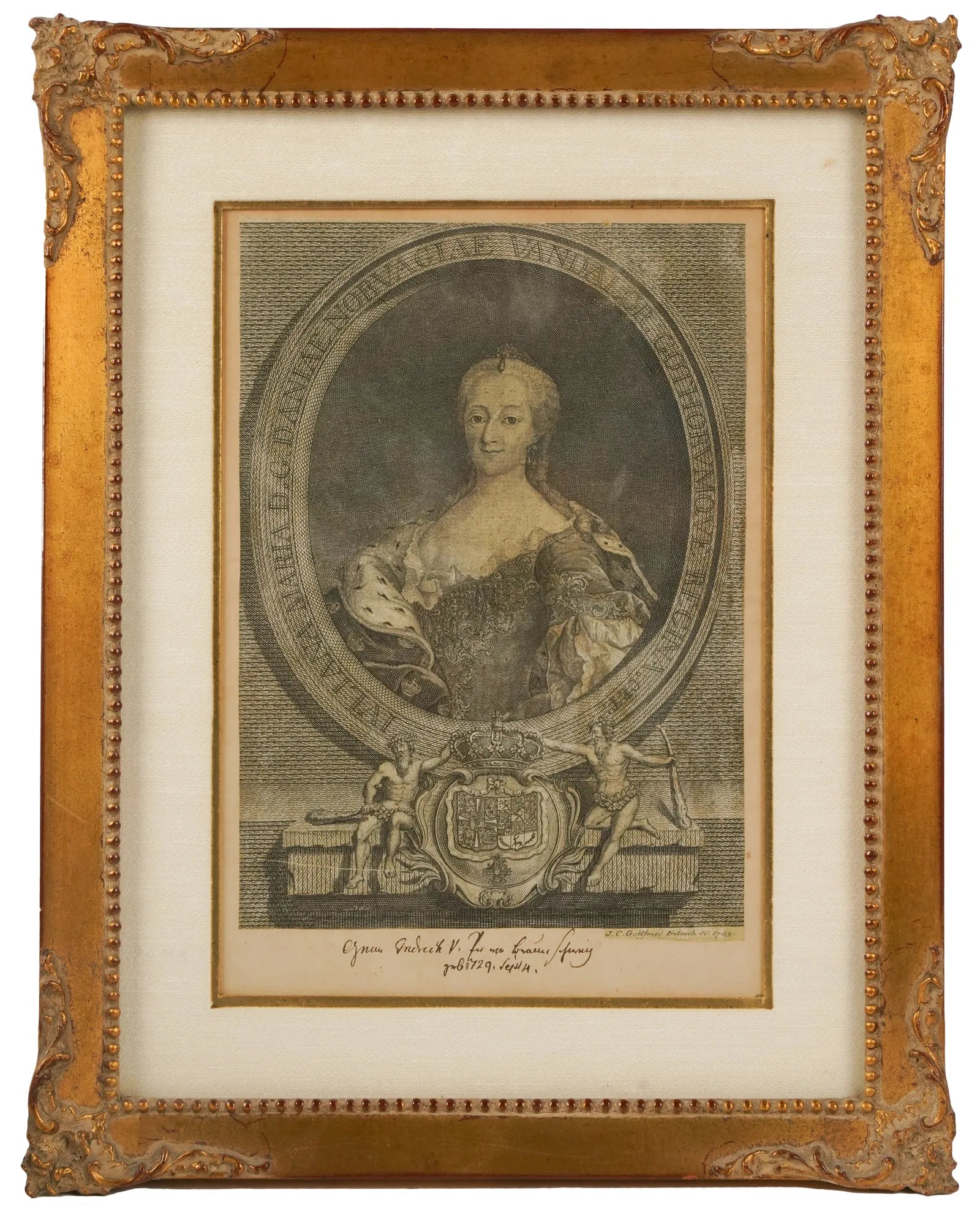 AW7-026: Mid 18th Century Etching of Juliana Maria, Queen of Denmark (1752 - 1766) by Johann Christian Fritzsch