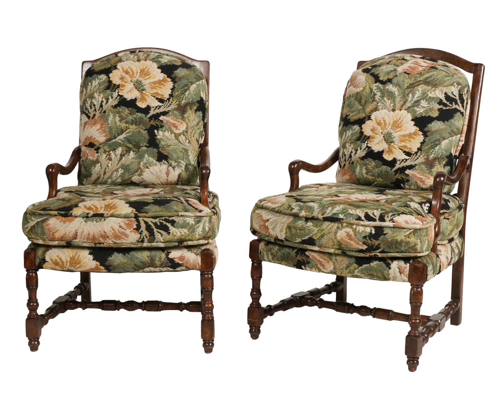 AF2-415: Antique Pair of Late 20th Century French Provincial Style Upholstered Arm Chairs