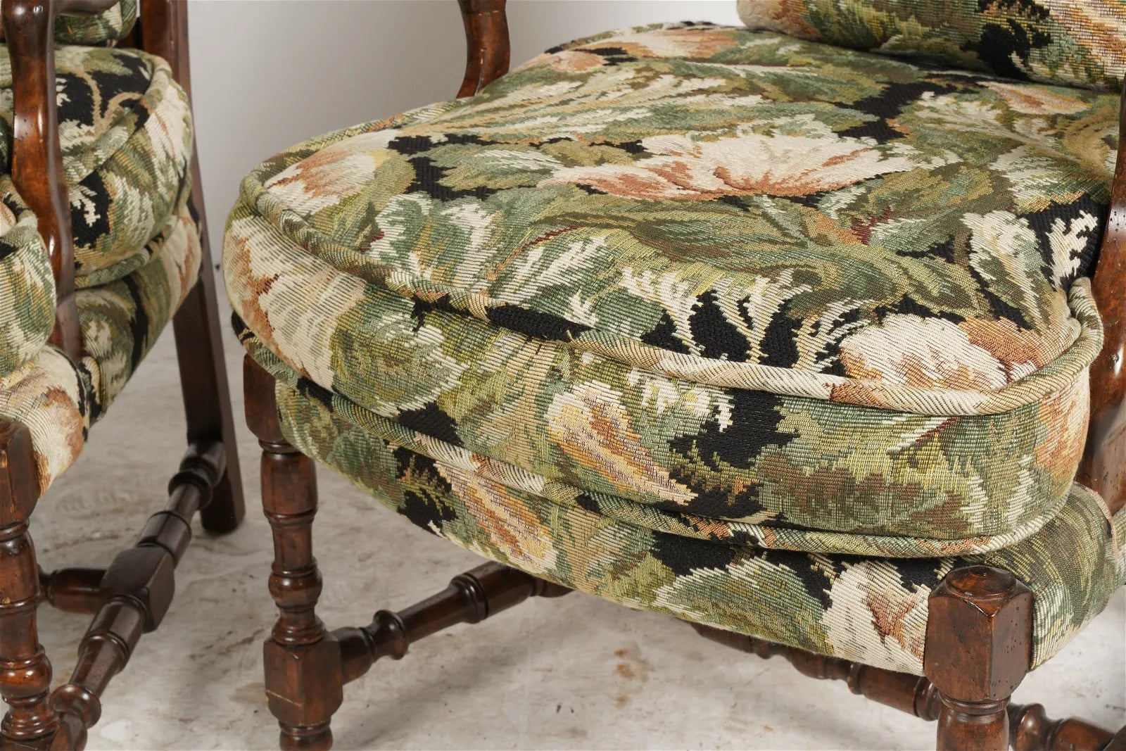 AF2-415: Antique Pair of Late 20th Century French Provincial Style Upholstered Arm Chairs