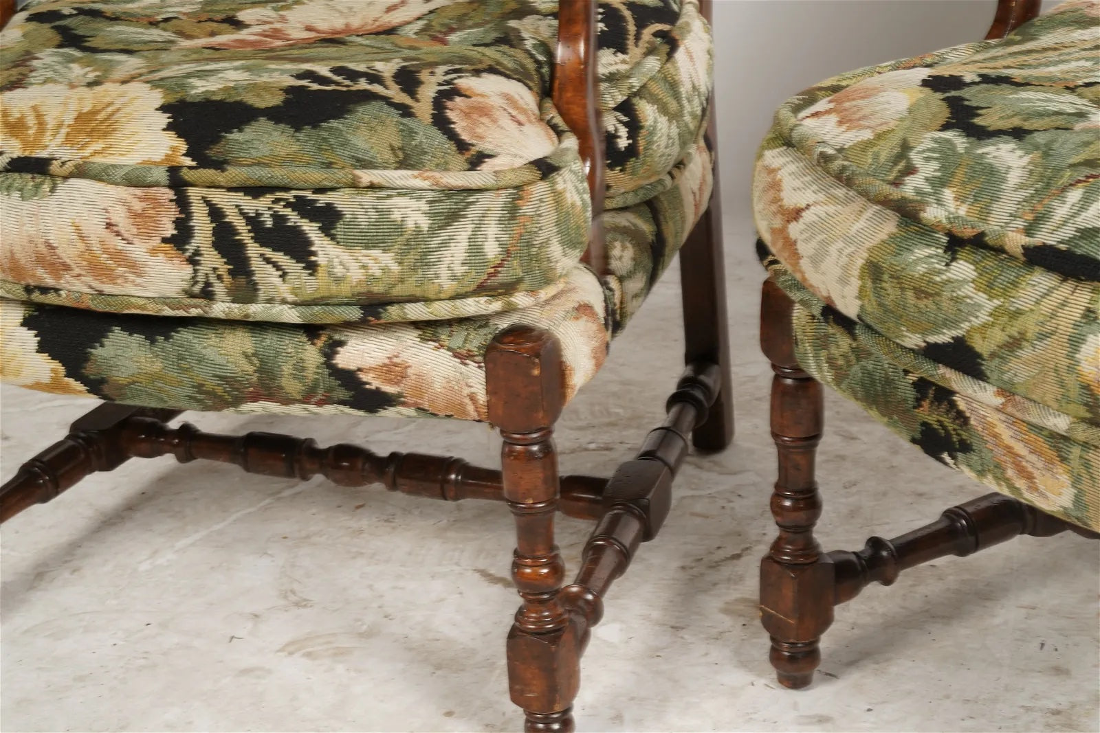 AF2-415: Antique Pair of Late 20th Century French Provincial Style Upholstered Arm Chairs