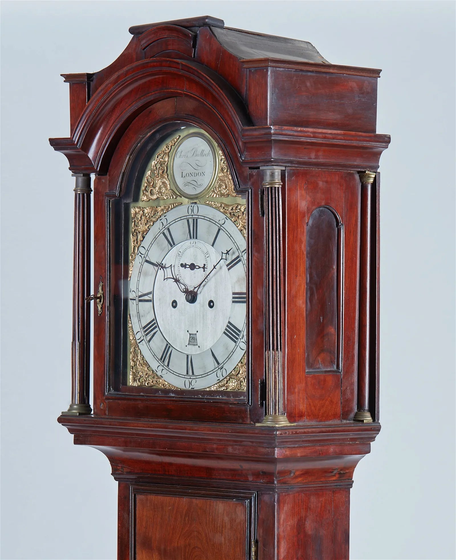 TK1-035: English George III mahogany tall case clock, Christopher Bullock, London Late 18th Century