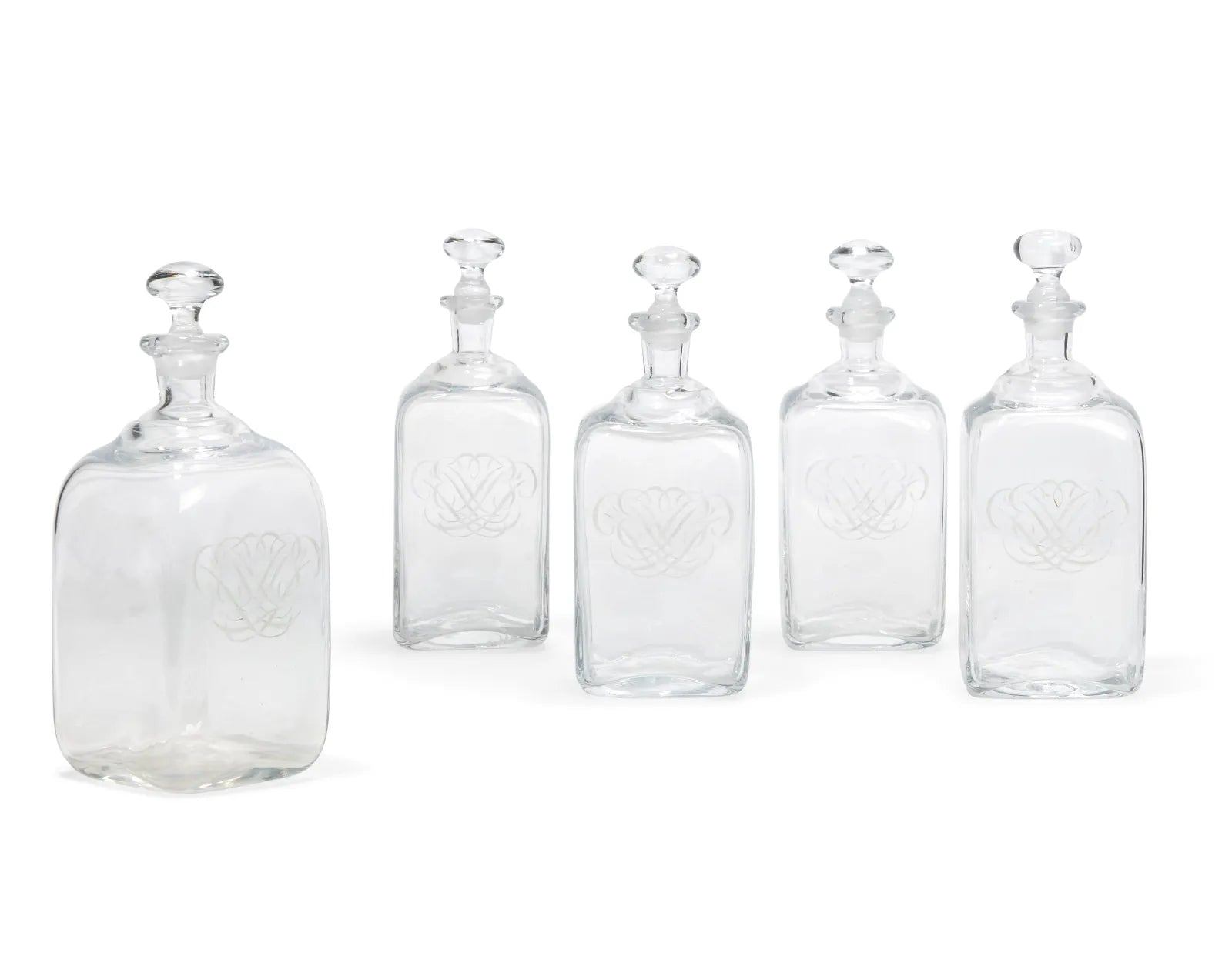DA4-015: Set of Five French Blown & Etched Glass Decanters W/ Stoppers Early 19th Century