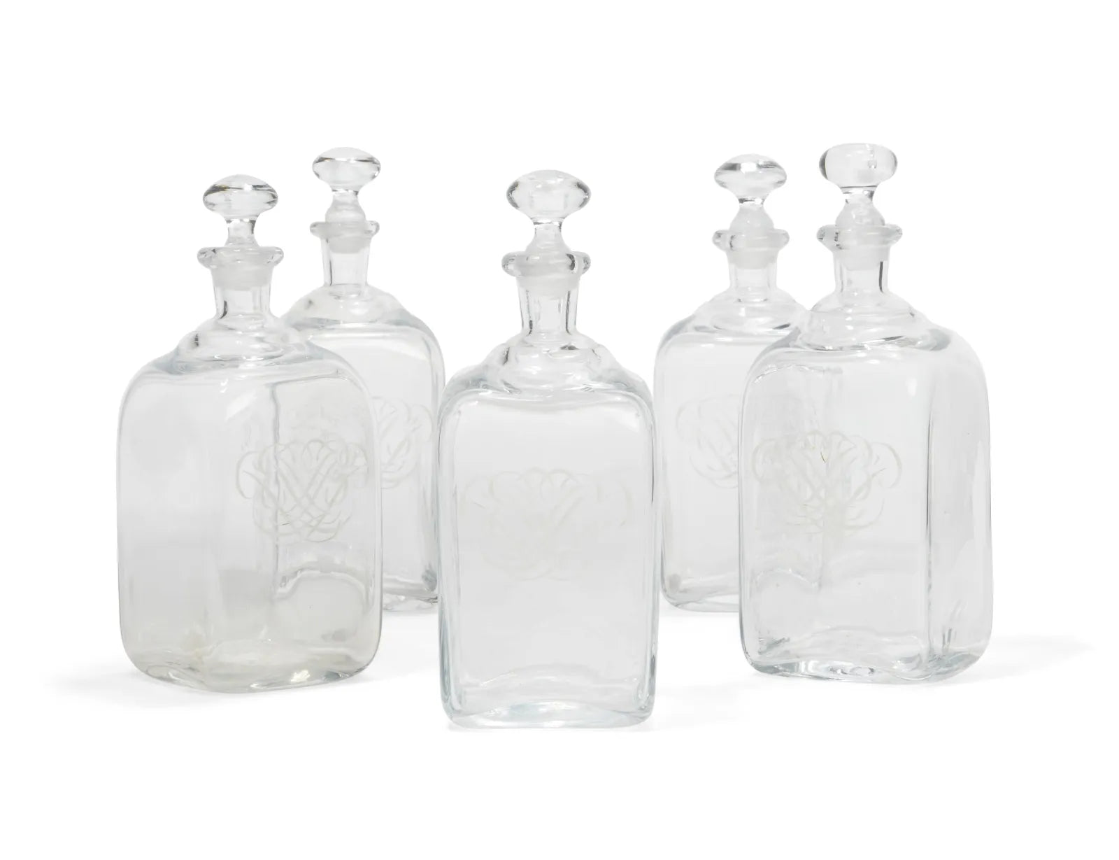 DA4-015: Set of Five French Blown & Etched Glass Decanters W/ Stoppers Early 19th Century