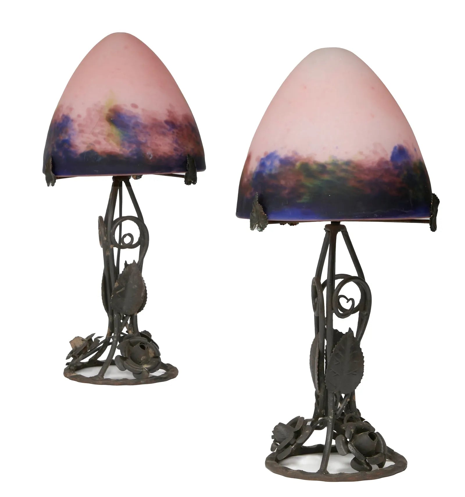 AL2-014: Pair of Early 20th Century French Le Verre Français Art Glass & Wrought Iron Boudoir Lamps