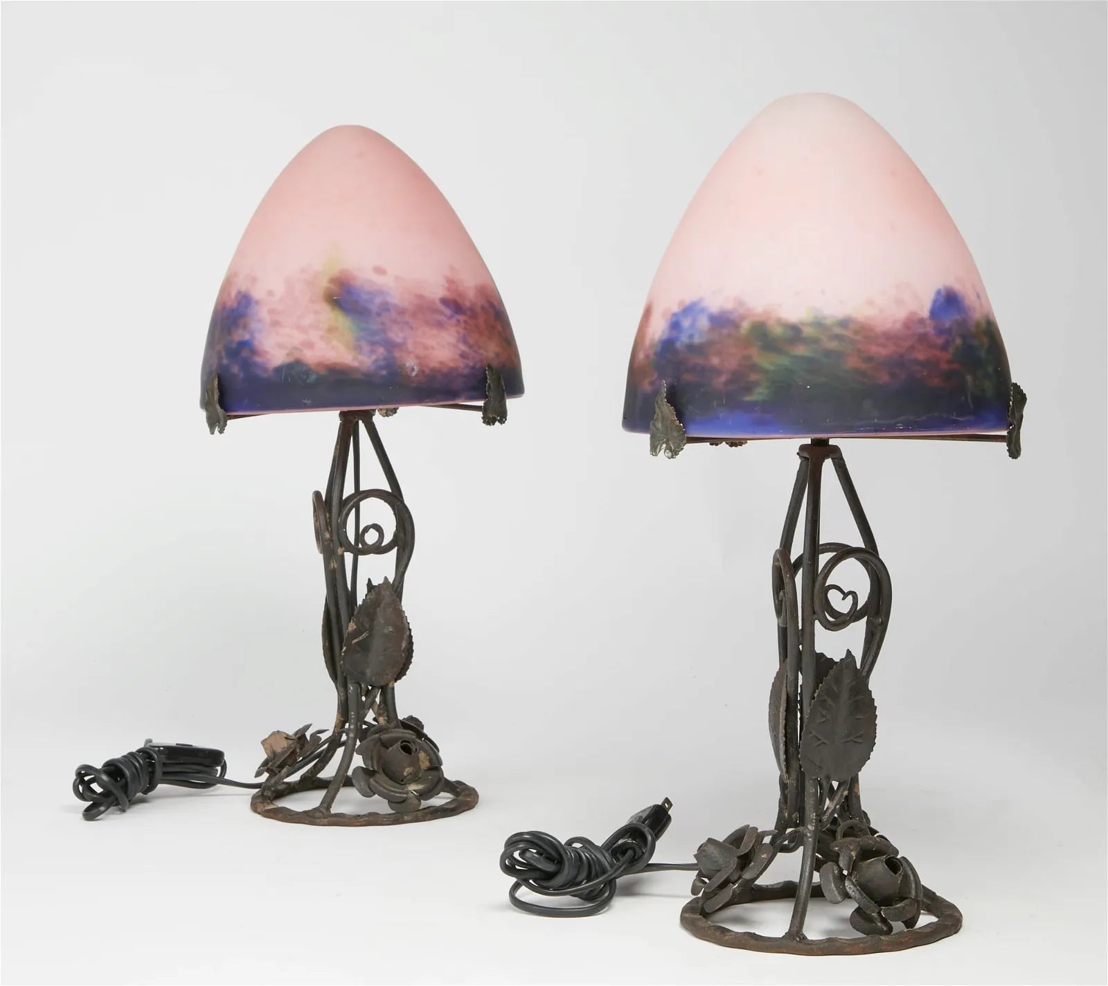AL2-014: Pair of Early 20th Century French Le Verre Français Art Glass & Wrought Iron Boudoir Lamps