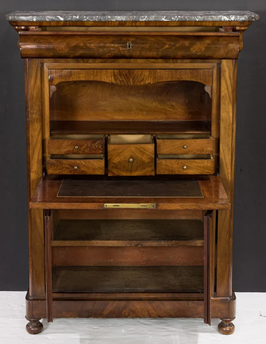 AF5-032: Antique Early 19th Century French Louis Philippe Mahogany Secretaire Abattant w/ Marble Top