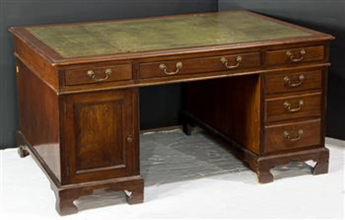 AF5-031: Antique Circa 1850 English Victorian Mahogany Partners Desk w/ Tooled Gilt Leather Top