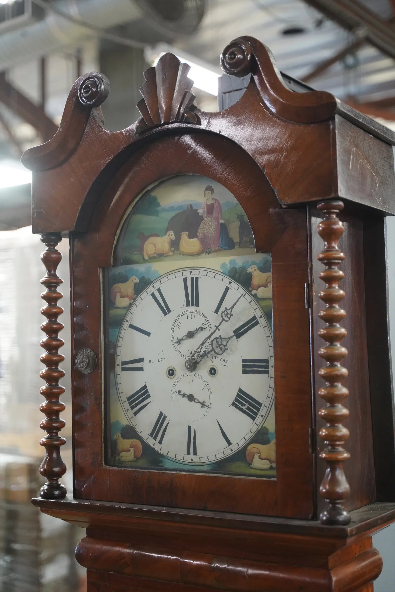 TK1-030: Mid 18th Century English Mahogany Tall Case  Clock w/ Hand Painted Dial