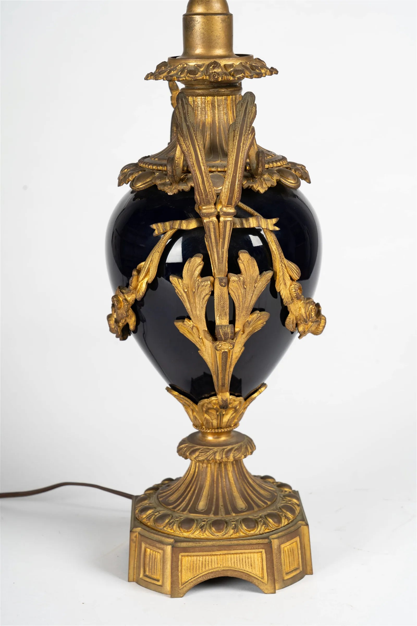 AL2-018: Circa 1920 French Gilt Bronze Mounted Cobalt Blue Porcelain Urn Form Table Lamp