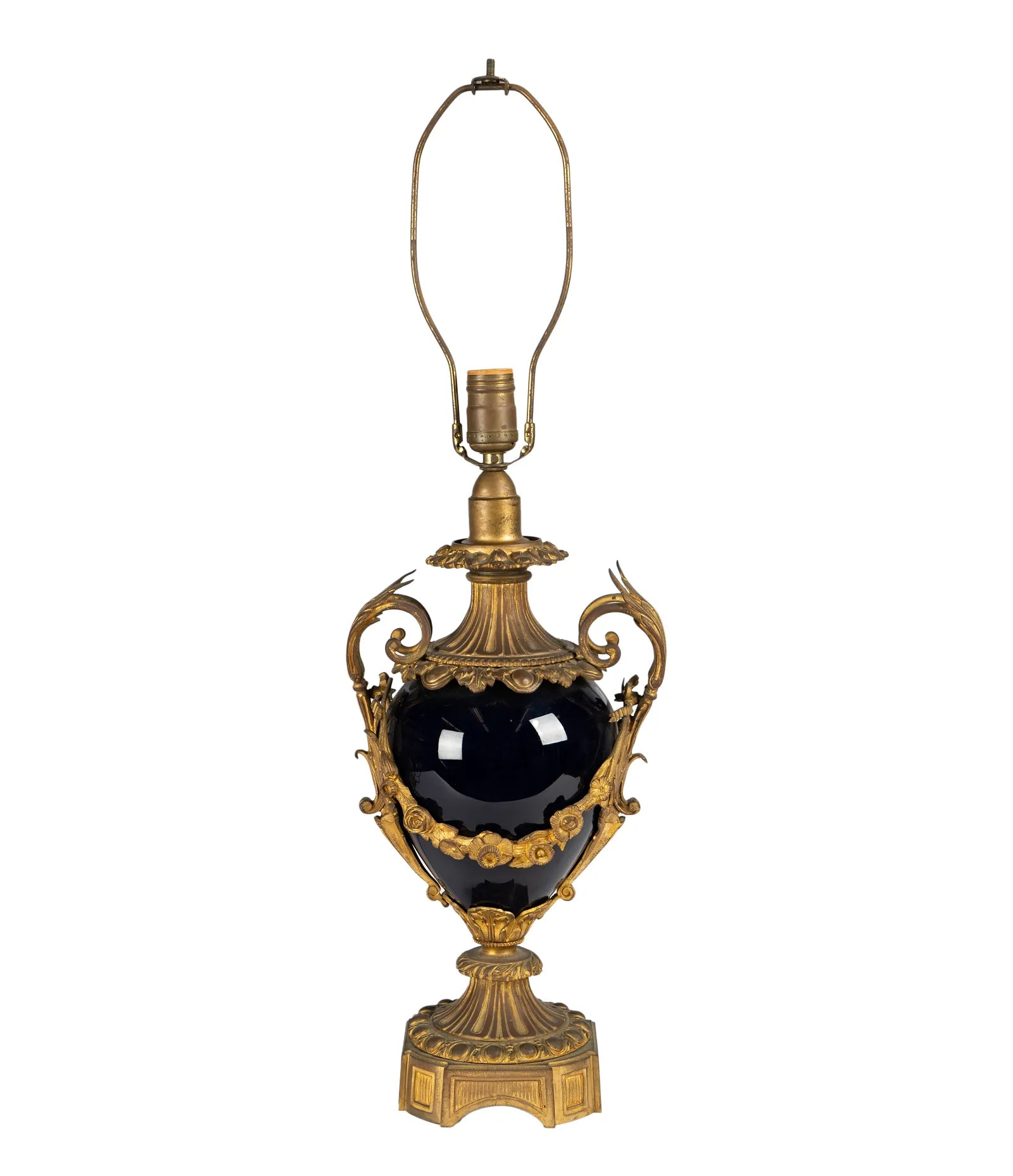 AL2-018: Circa 1920 French Gilt Bronze Mounted Cobalt Blue Porcelain Urn Form Table Lamp