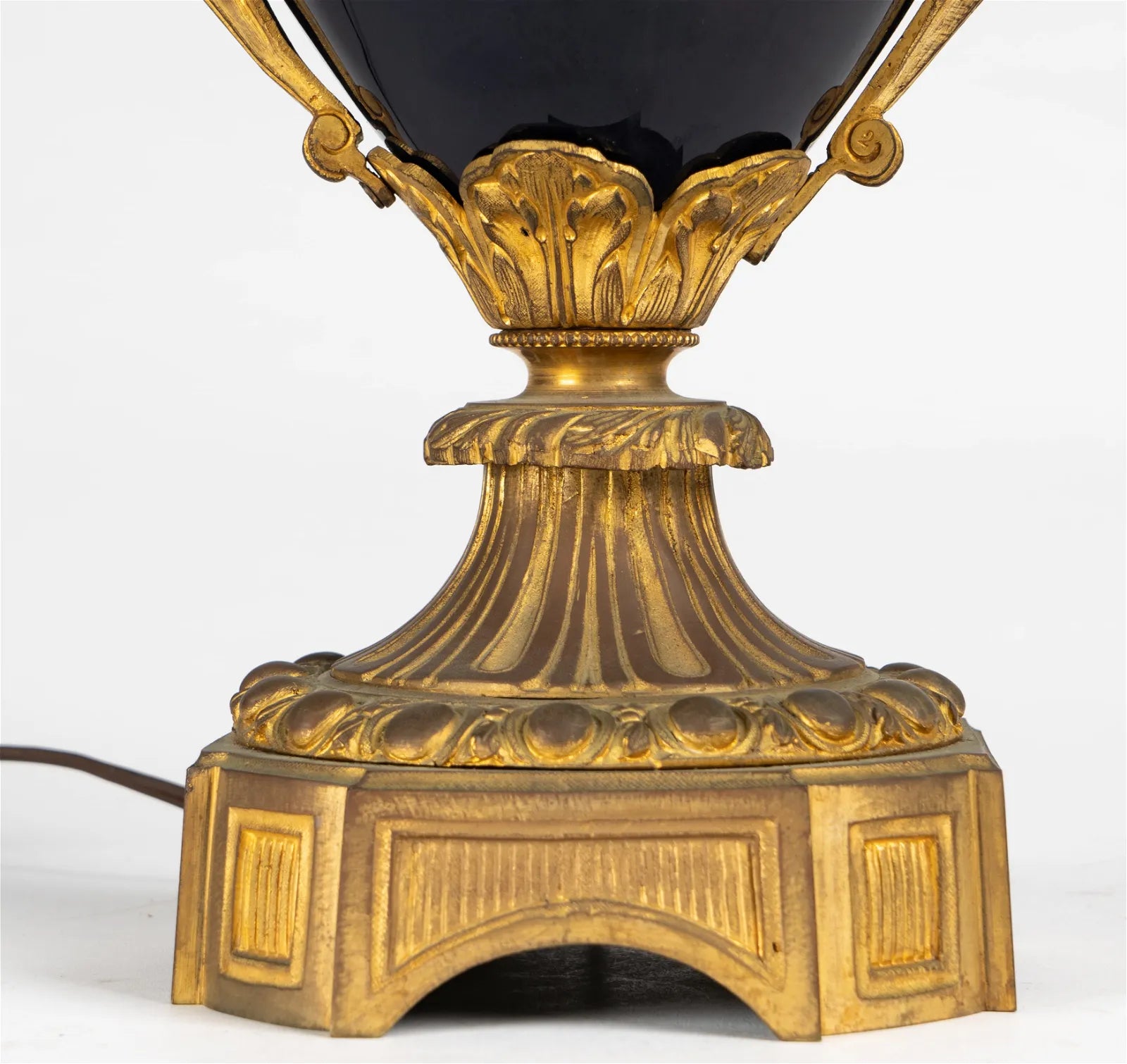 AL2-018: Circa 1920 French Gilt Bronze Mounted Cobalt Blue Porcelain Urn Form Table Lamp