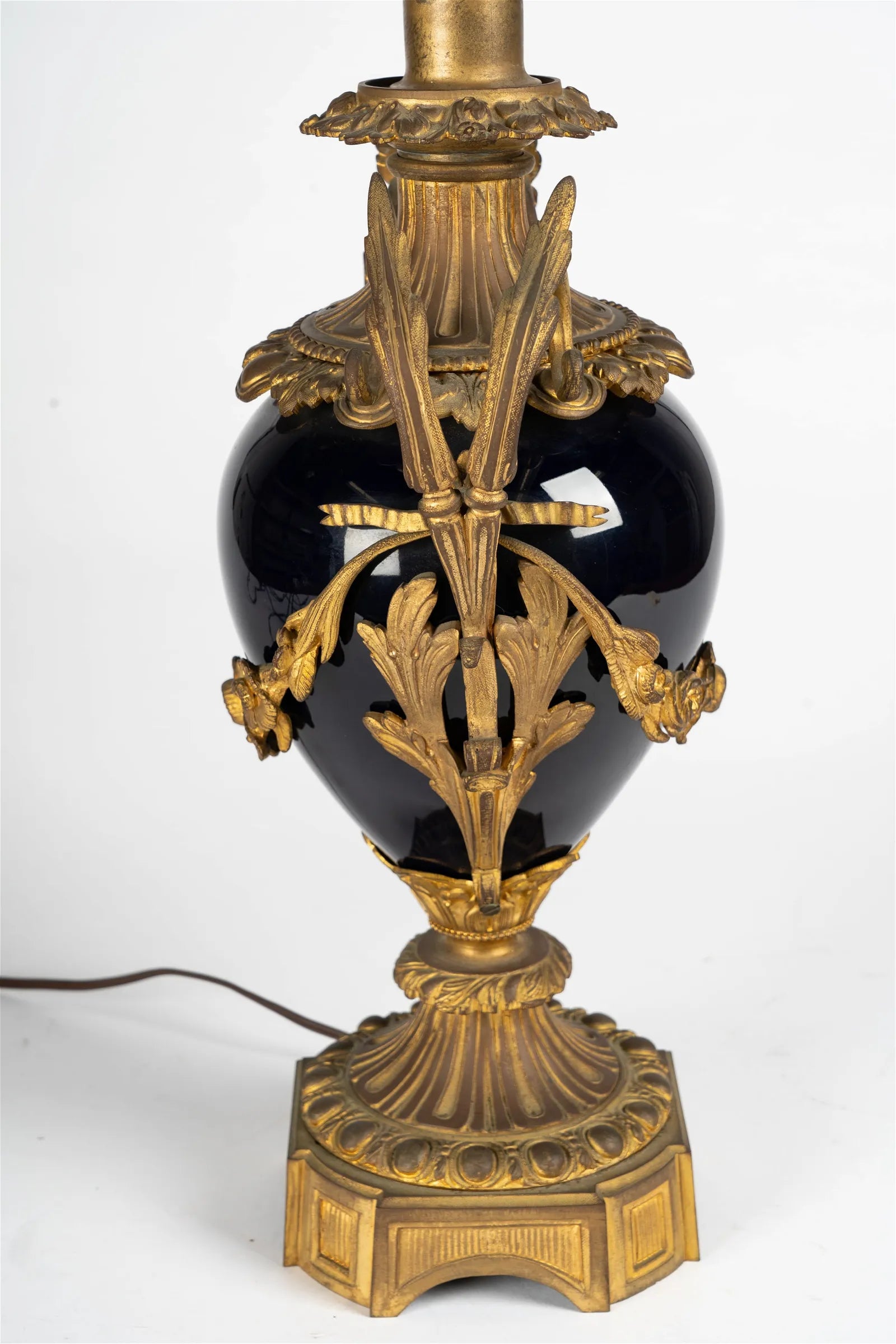 AL2-018: Circa 1920 French Gilt Bronze Mounted Cobalt Blue Porcelain Urn Form Table Lamp