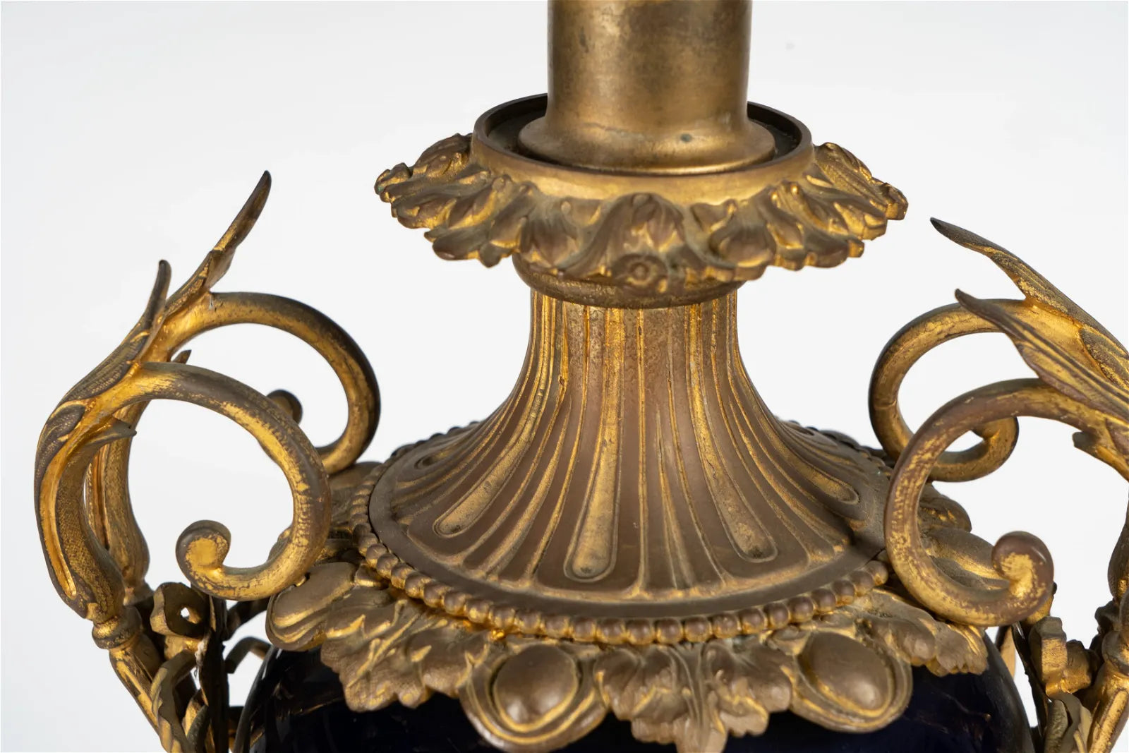 AL2-018: Circa 1920 French Gilt Bronze Mounted Cobalt Blue Porcelain Urn Form Table Lamp