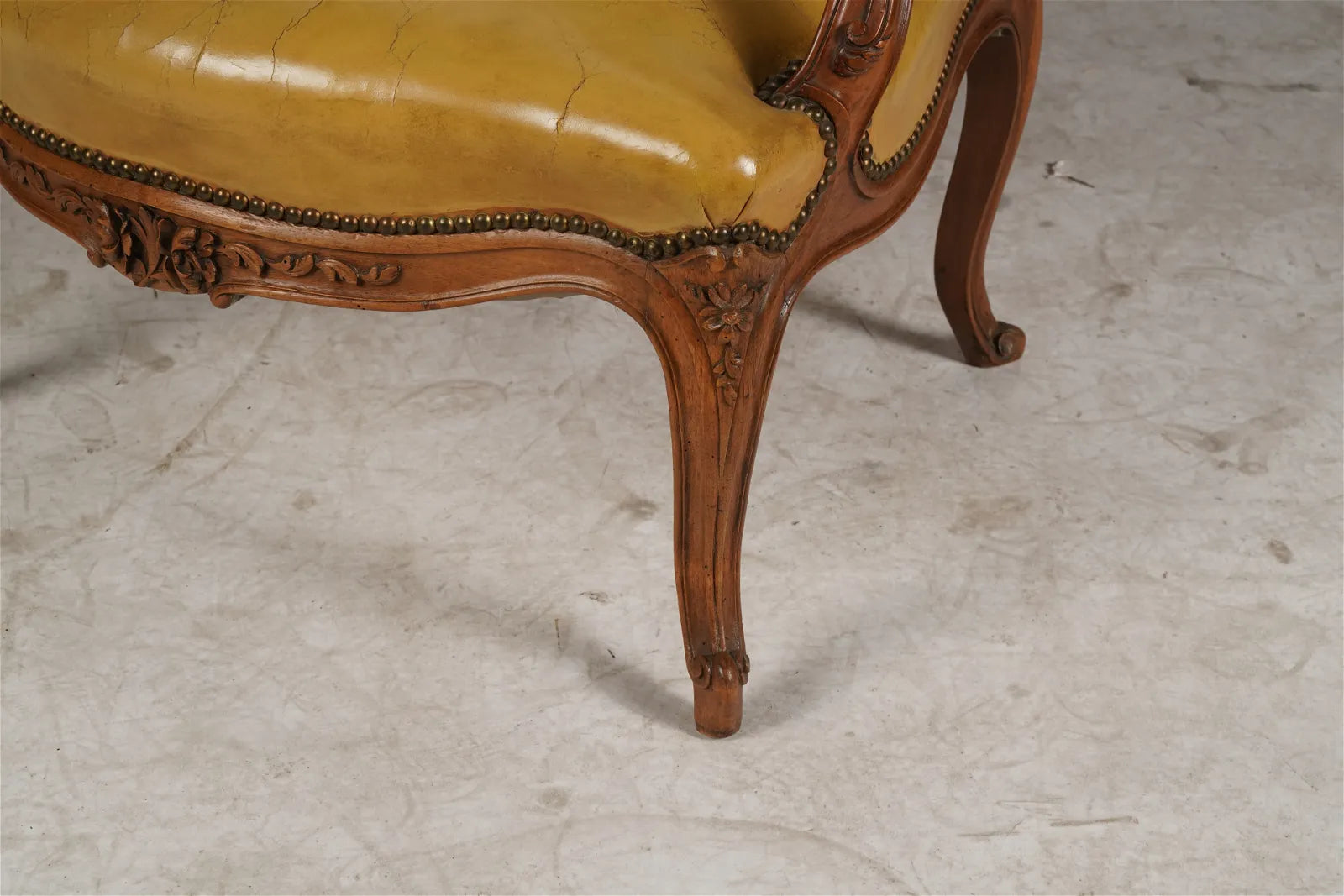 AF2-036: Antique Pair of Late 20th Century French Provincial Fruitwood Fauteuils w/ Leather Upholstery