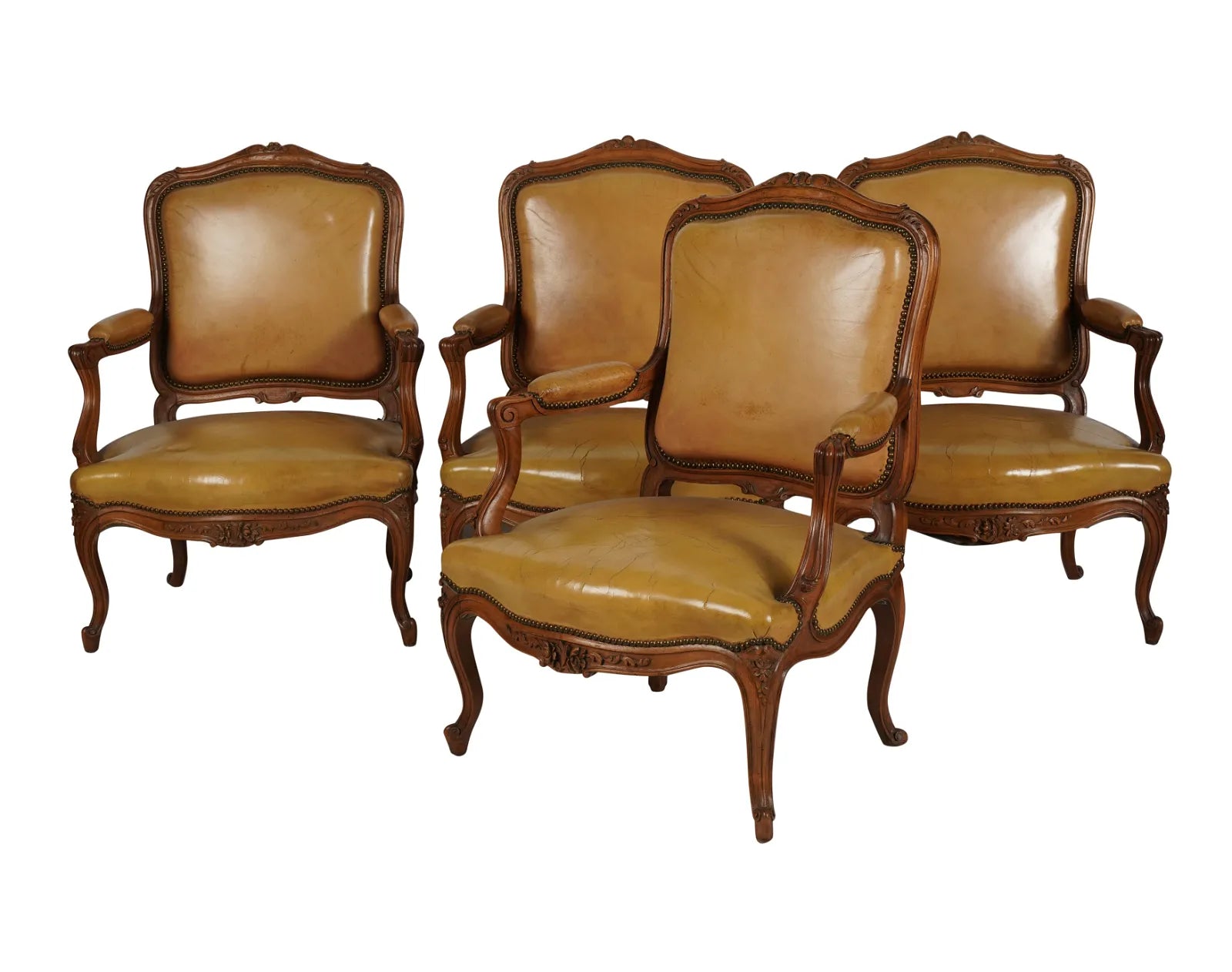 AF2-036: Antique Pair of Late 20th Century French Provincial Fruitwood Fauteuils w/ Leather Upholstery