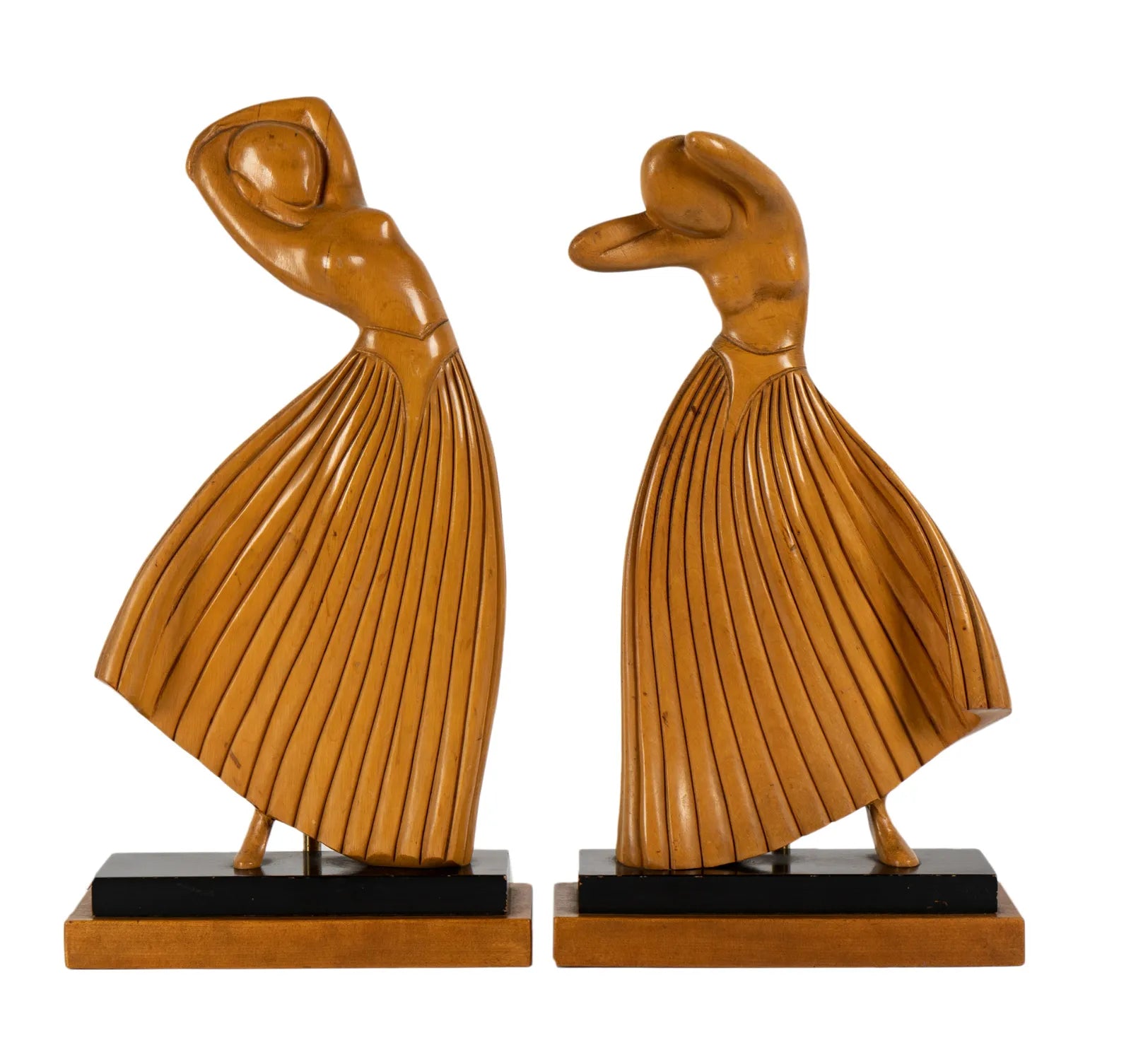 AL2-019: Pair of Art Deco Figural Dancer Carved Wood Table Lamps