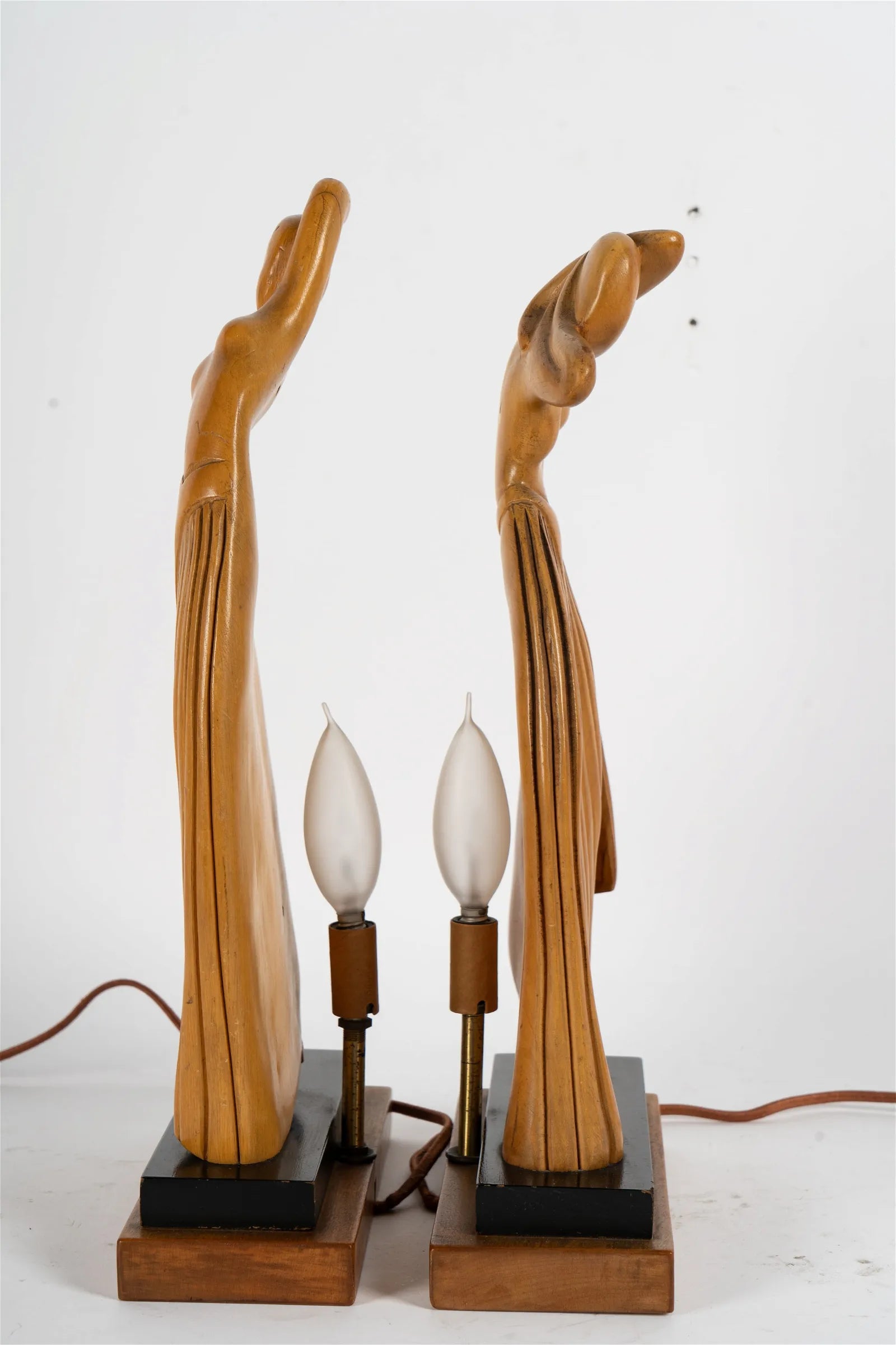 AL2-019: Pair of Art Deco Figural Dancer Carved Wood Table Lamps