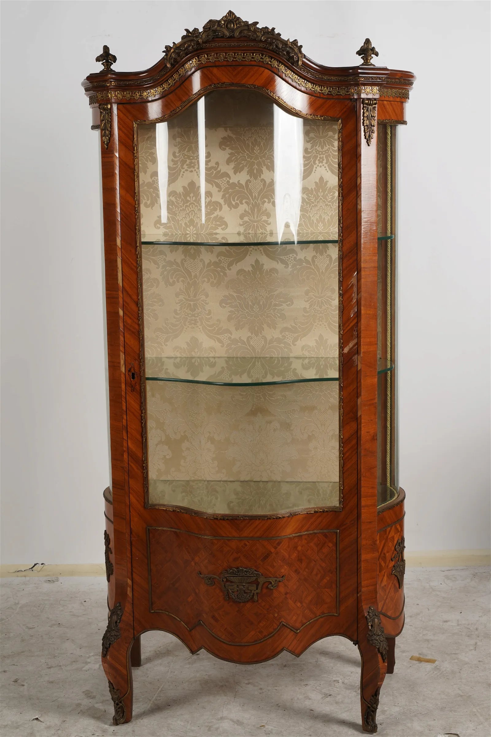 AF3-014: Antique Late 19th Century French Louis XV Style Kingwood Parquetry Vitrine Cabinet