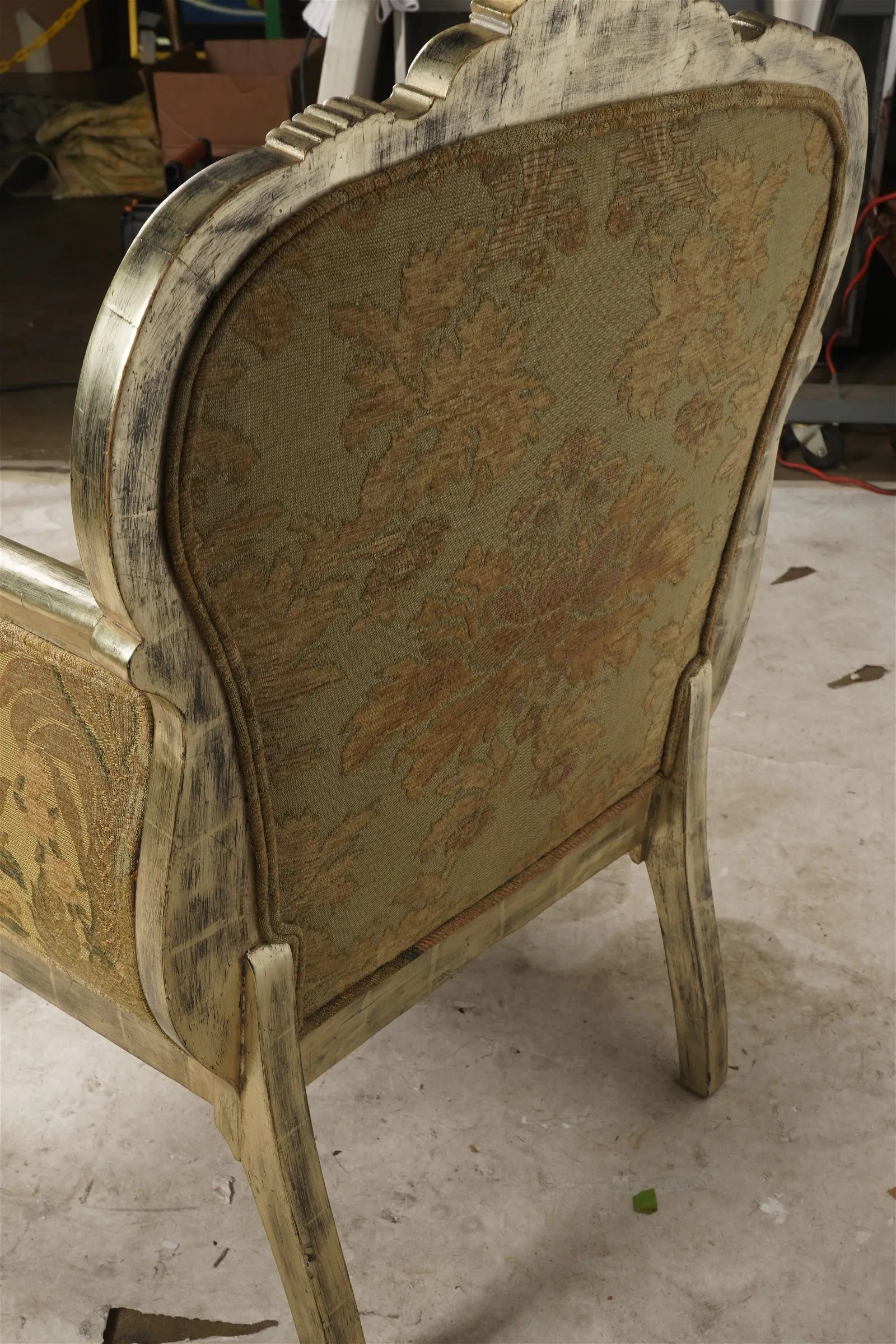 AF2-034: Antique Mid 19th Century French Rococo Revival Upholstered Silver Leaf Carved Arm Chair