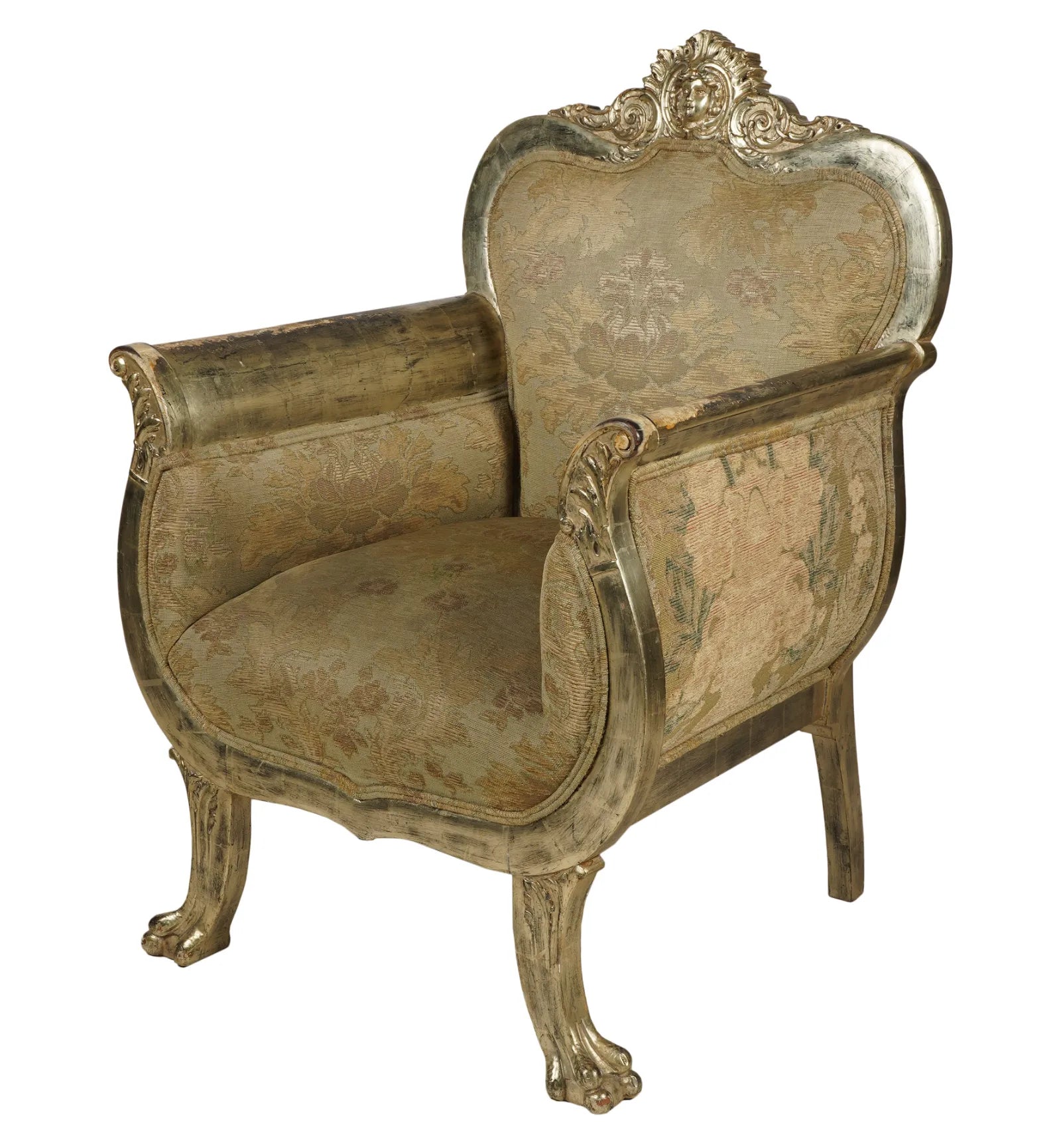 AF2-034: Antique Mid 19th Century French Rococo Revival Upholstered Silver Leaf Carved Arm Chair
