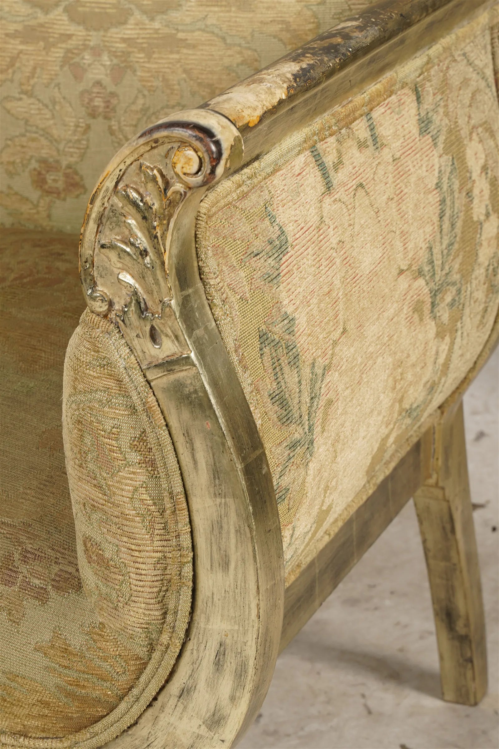 AF2-034: Antique Mid 19th Century French Rococo Revival Upholstered Silver Leaf Carved Arm Chair