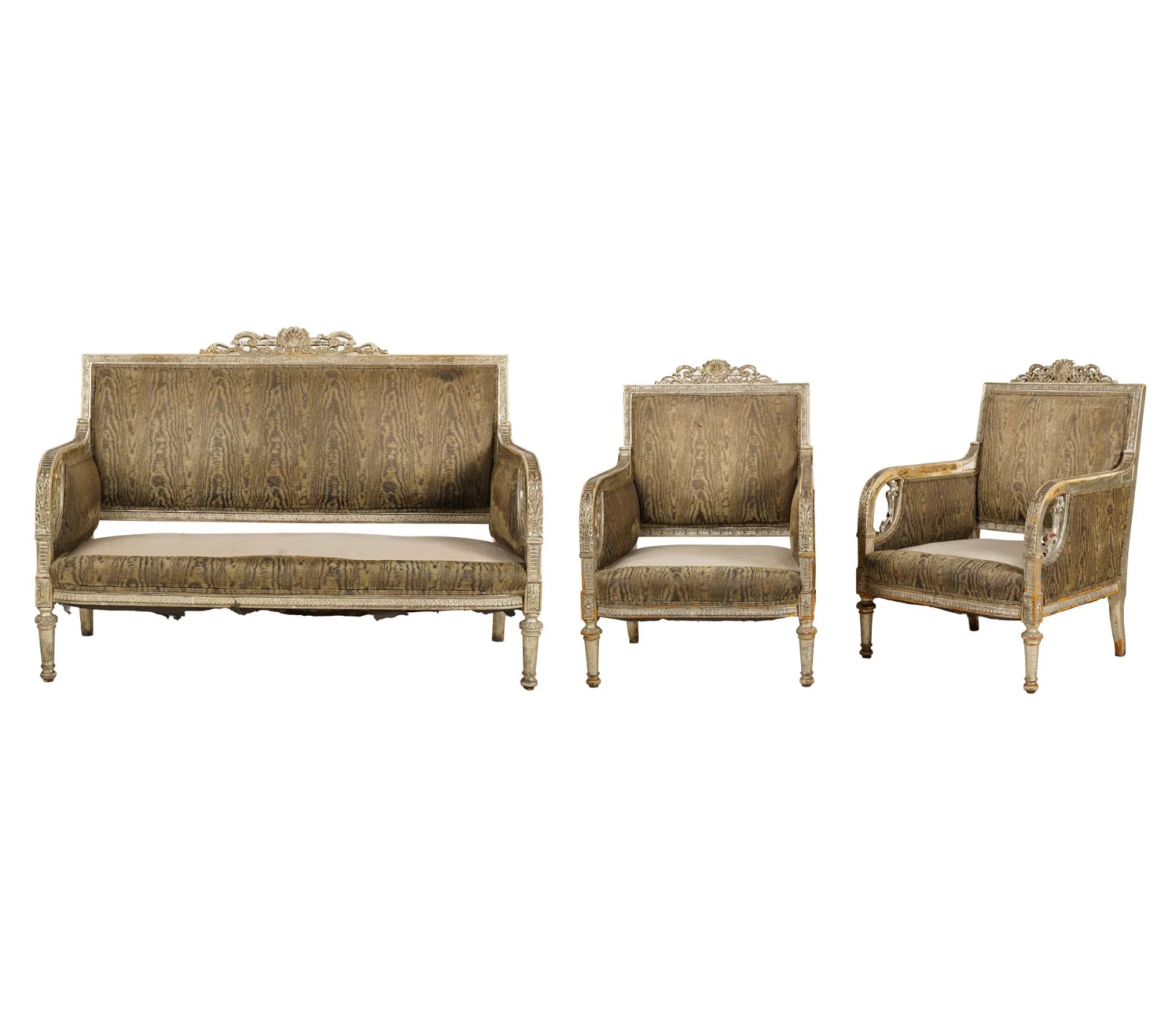 AF2-043: Antique Late 19th Century Louis XVI Silver Leafed Carved Upholstered Settee