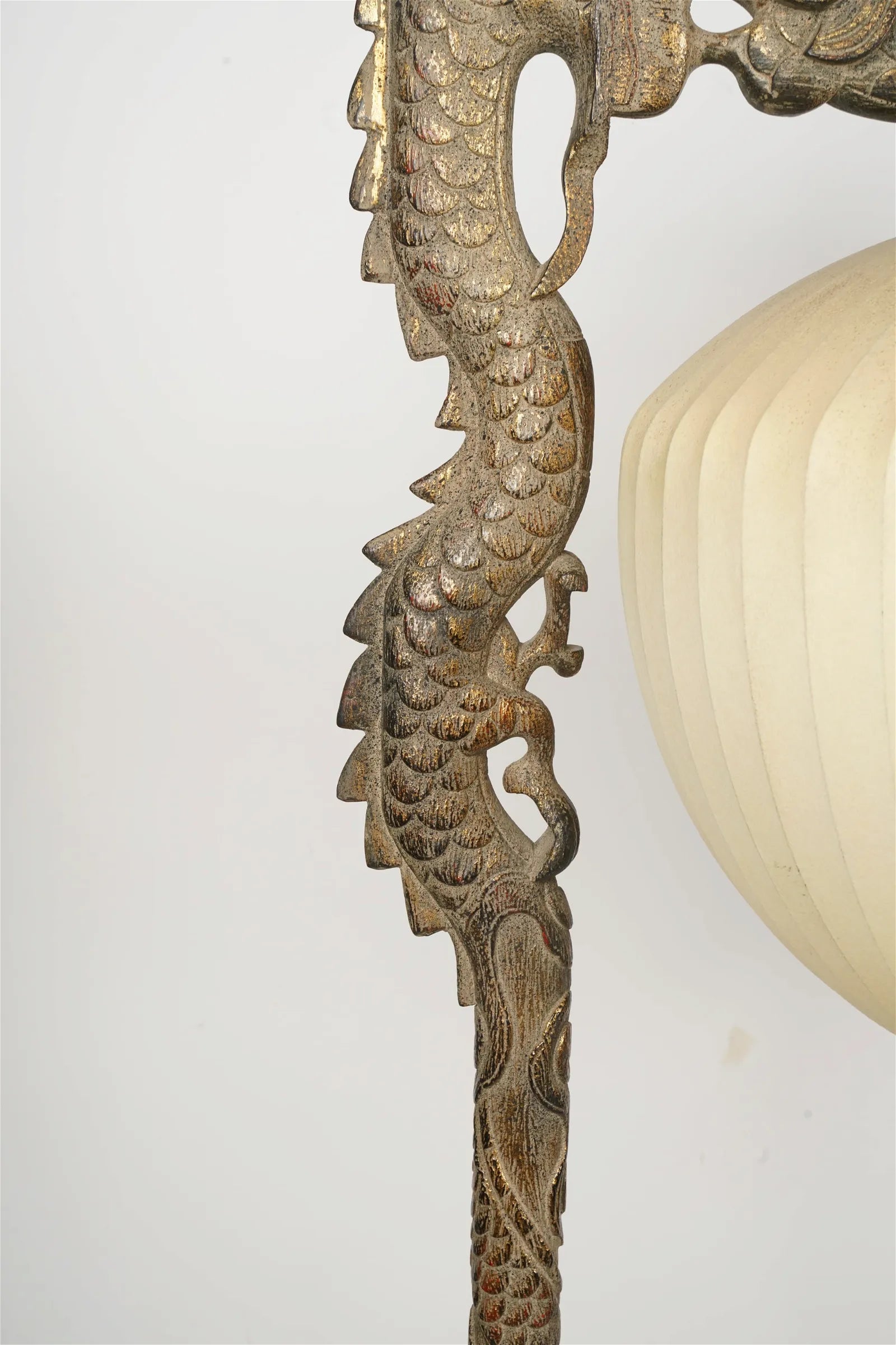 AL2-022: Pair of Early 20th Century Carved Chinese Hardwood Dragon Floor Lamps With Pickled Lime Finish