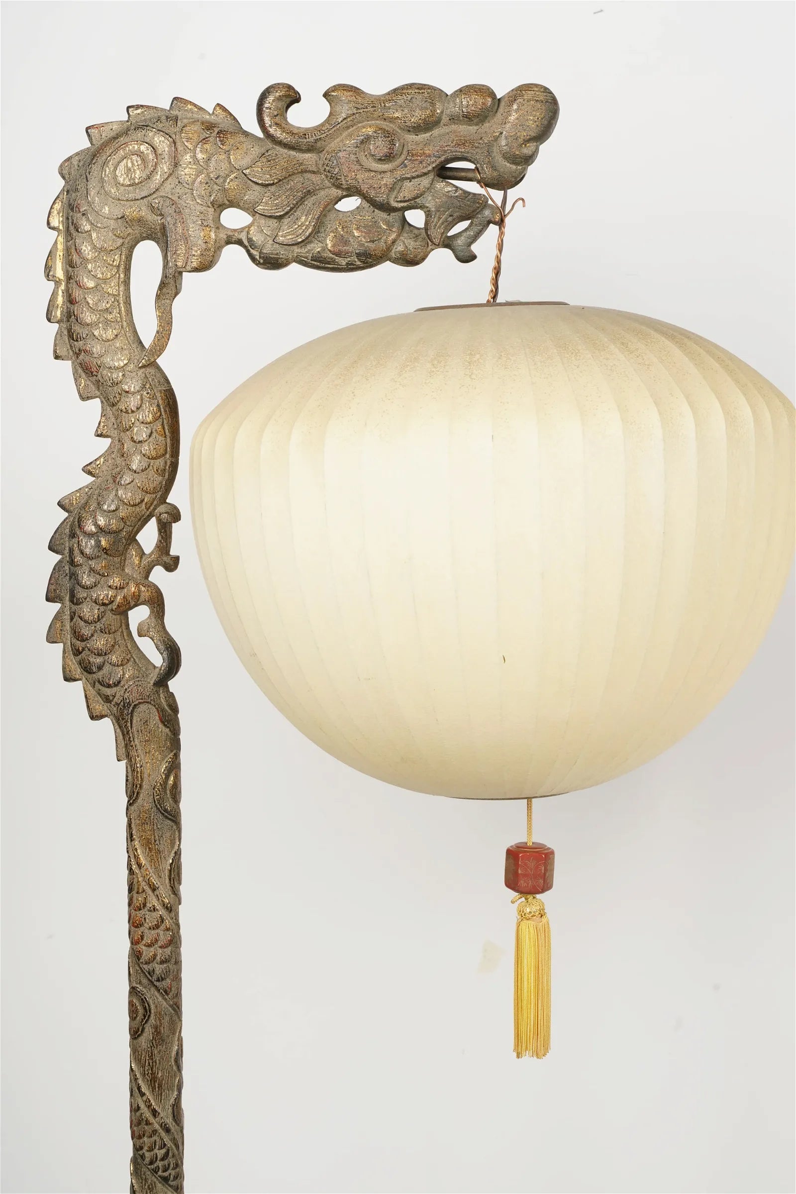 AL2-022: Pair of Early 20th Century Carved Chinese Hardwood Dragon Floor Lamps With Pickled Lime Finish