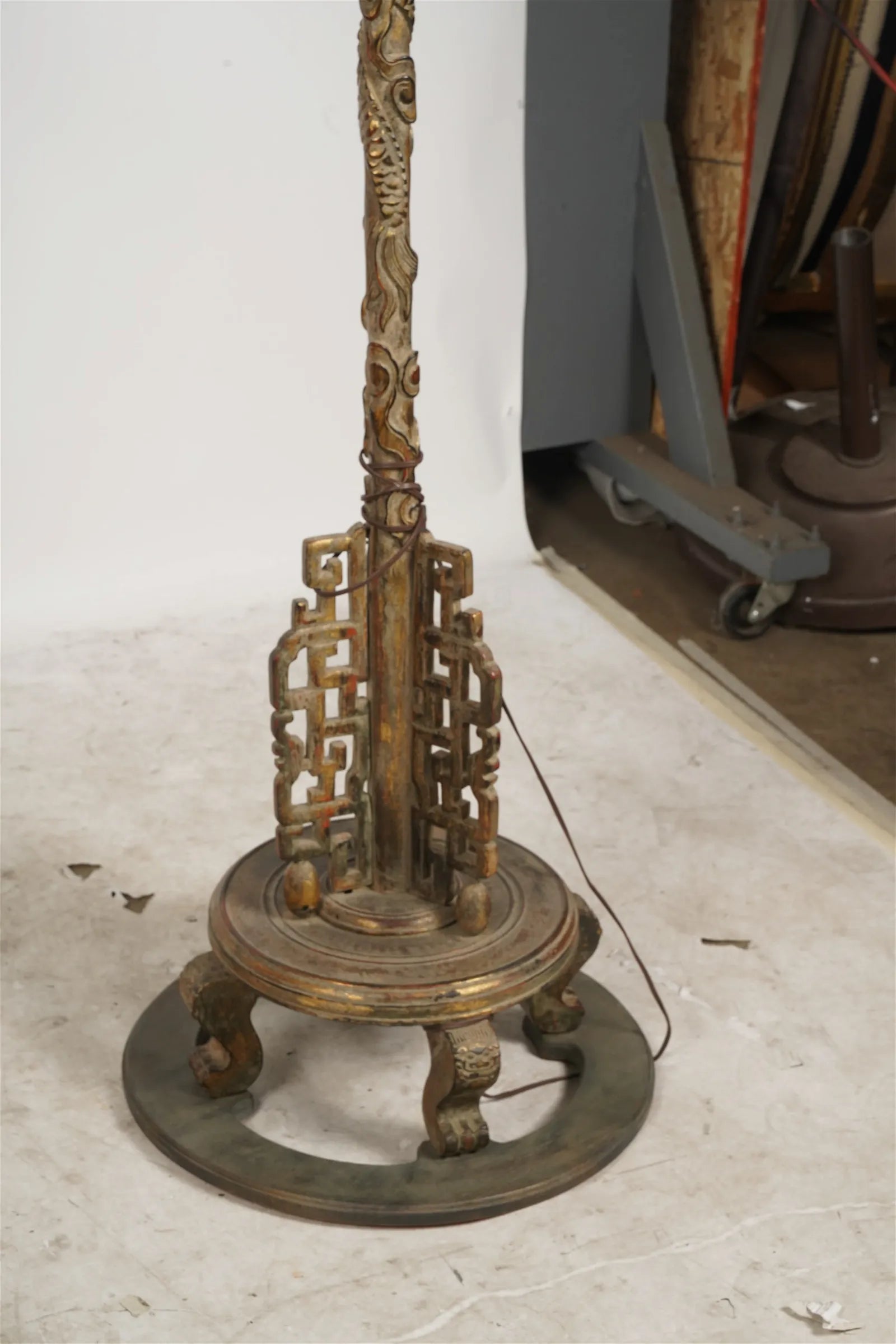 AL2-022: Pair of Early 20th Century Carved Chinese Hardwood Dragon Floor Lamps With Pickled Lime Finish