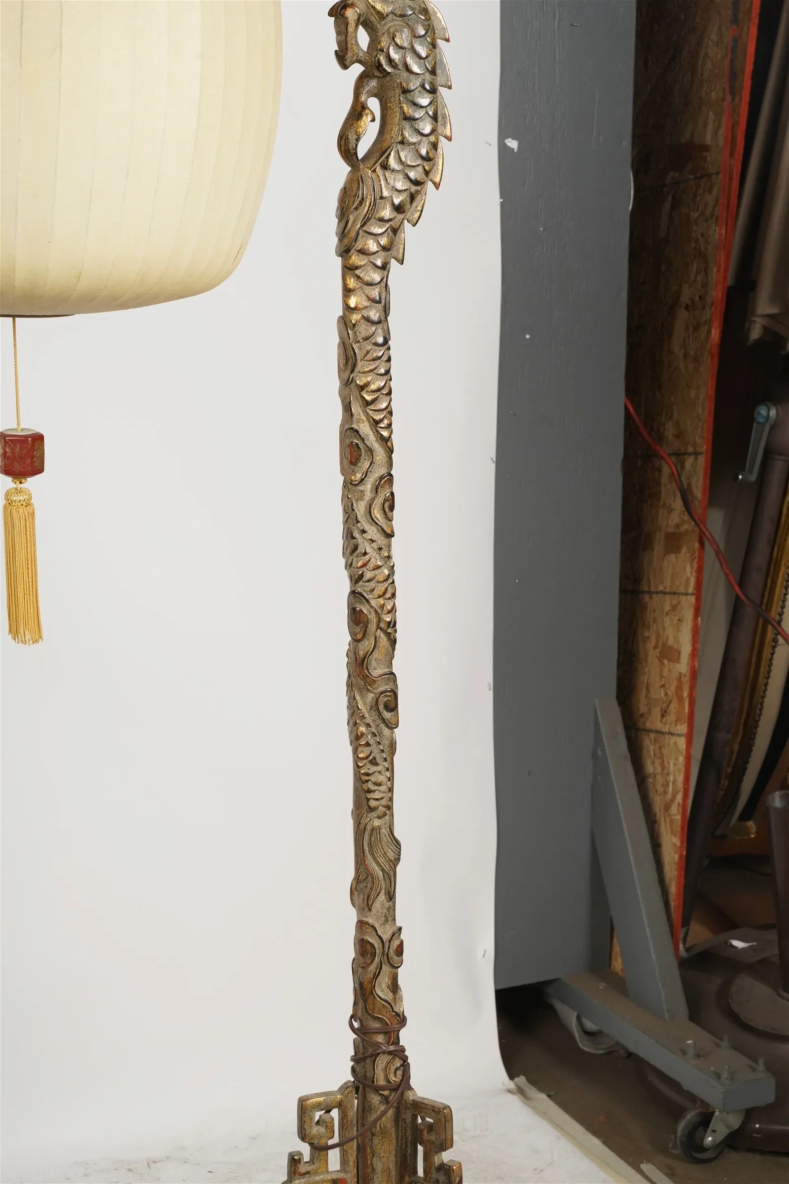 AL2-022: Pair of Early 20th Century Carved Chinese Hardwood Dragon Floor Lamps With Pickled Lime Finish