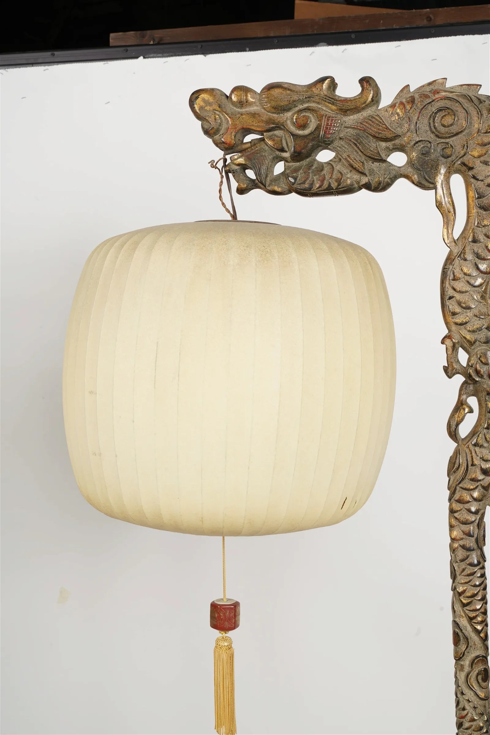 AL2-022: Pair of Early 20th Century Carved Chinese Hardwood Dragon Floor Lamps With Pickled Lime Finish