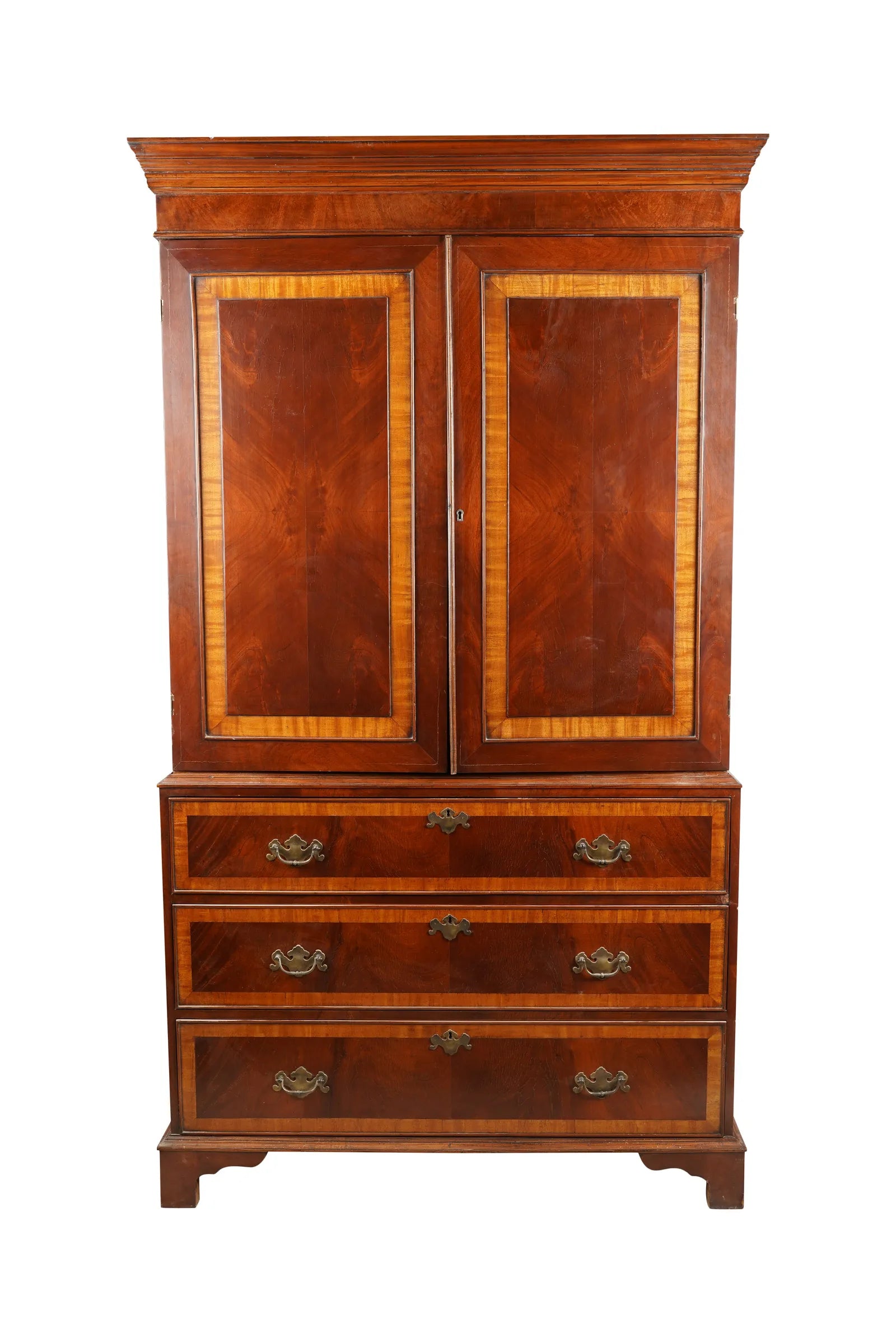 AF3-024: Late 20th Century English Georgian Mahogany & Satinwood Linen Press Entertainment Cabinet